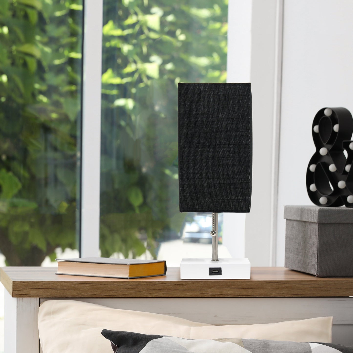 All The Rages Simple Designs Petite White Stick Lamp With USB Charging Port & Black Fabric Shade