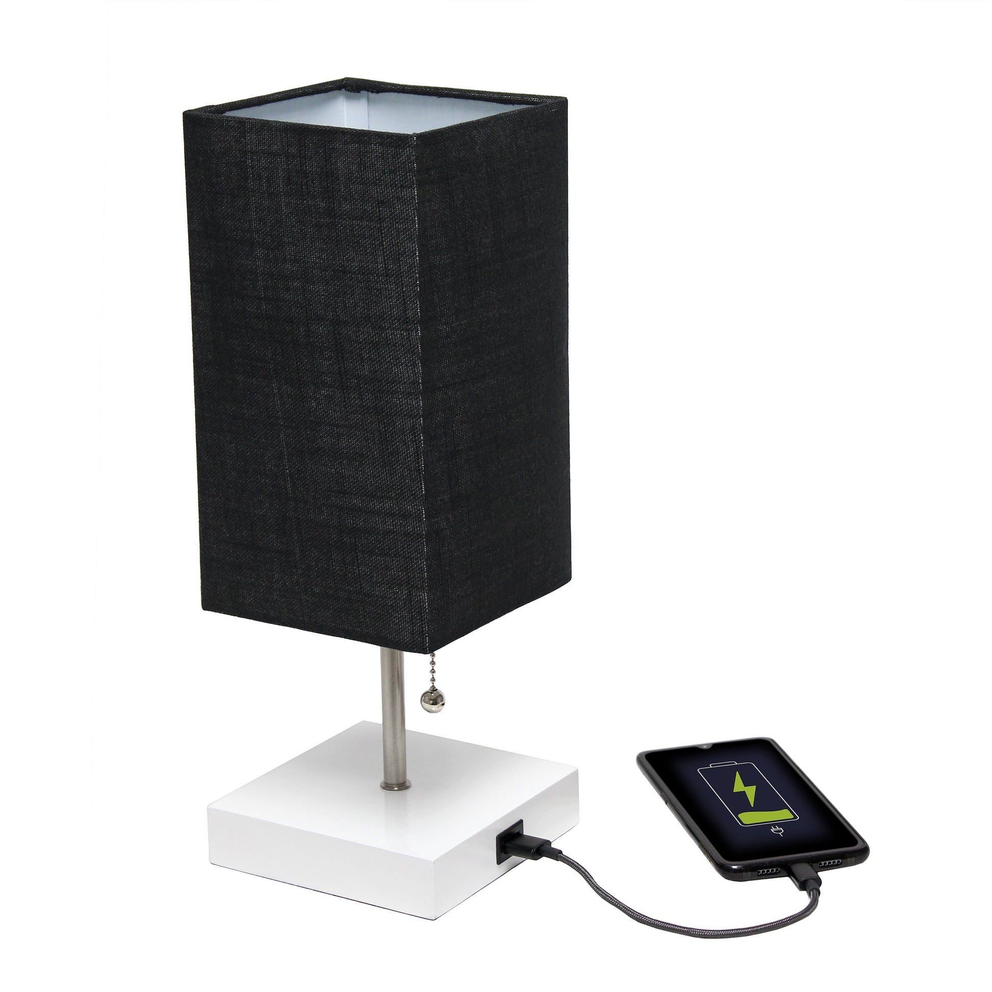 All The Rages Simple Designs Petite White Stick Lamp With USB Charging Port & Black Fabric Shade