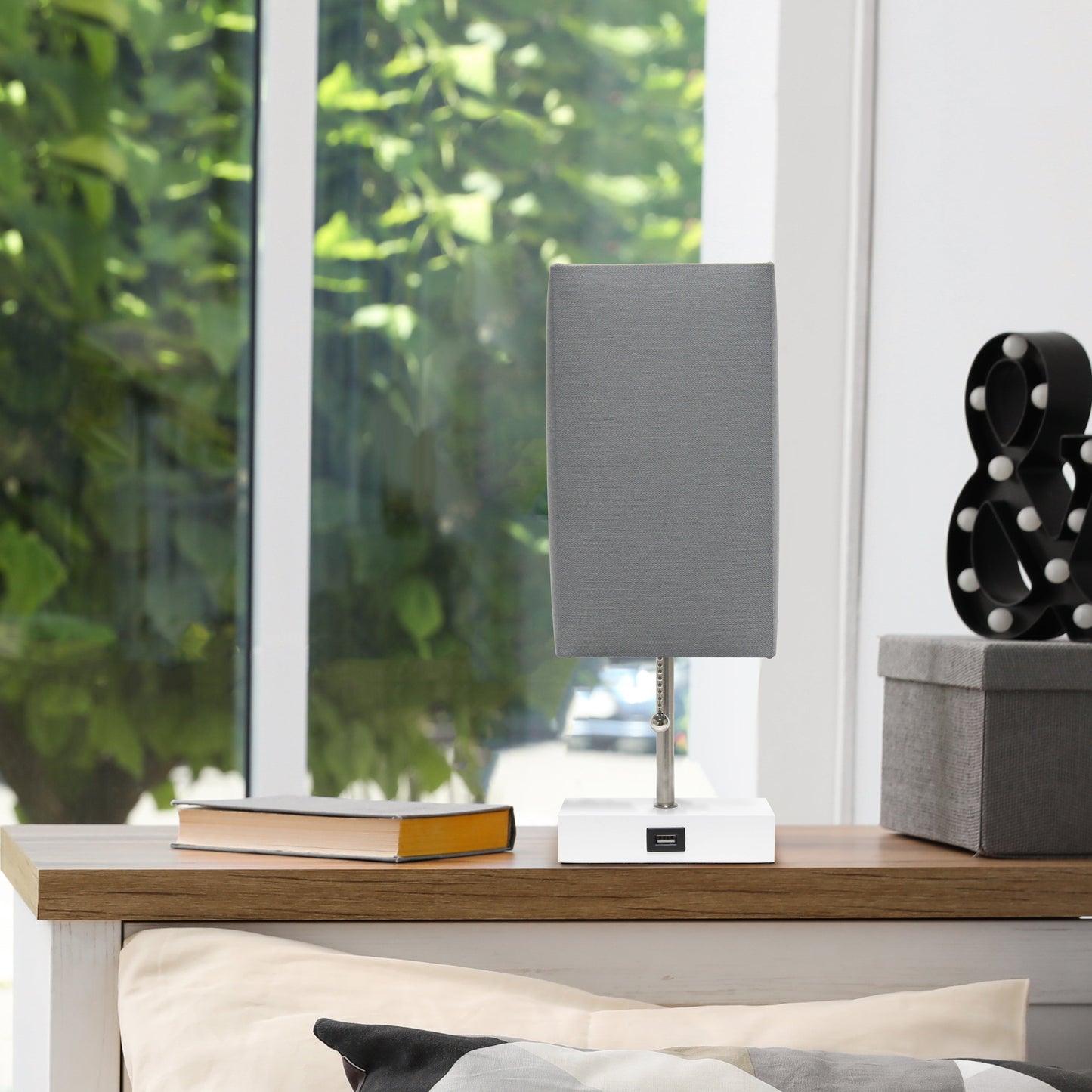 All The Rages Simple Designs Petite White Stick Lamp With USB Charging Port & Gray Fabric Shade