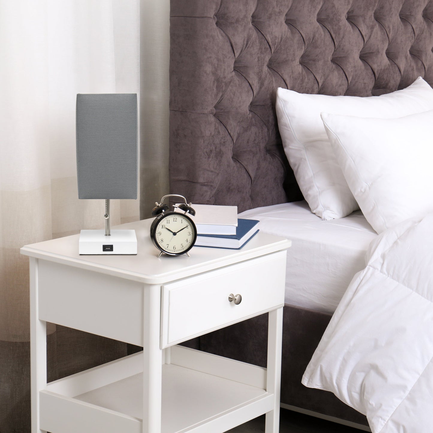 All The Rages Simple Designs Petite White Stick Lamp With USB Charging Port & Gray Fabric Shade