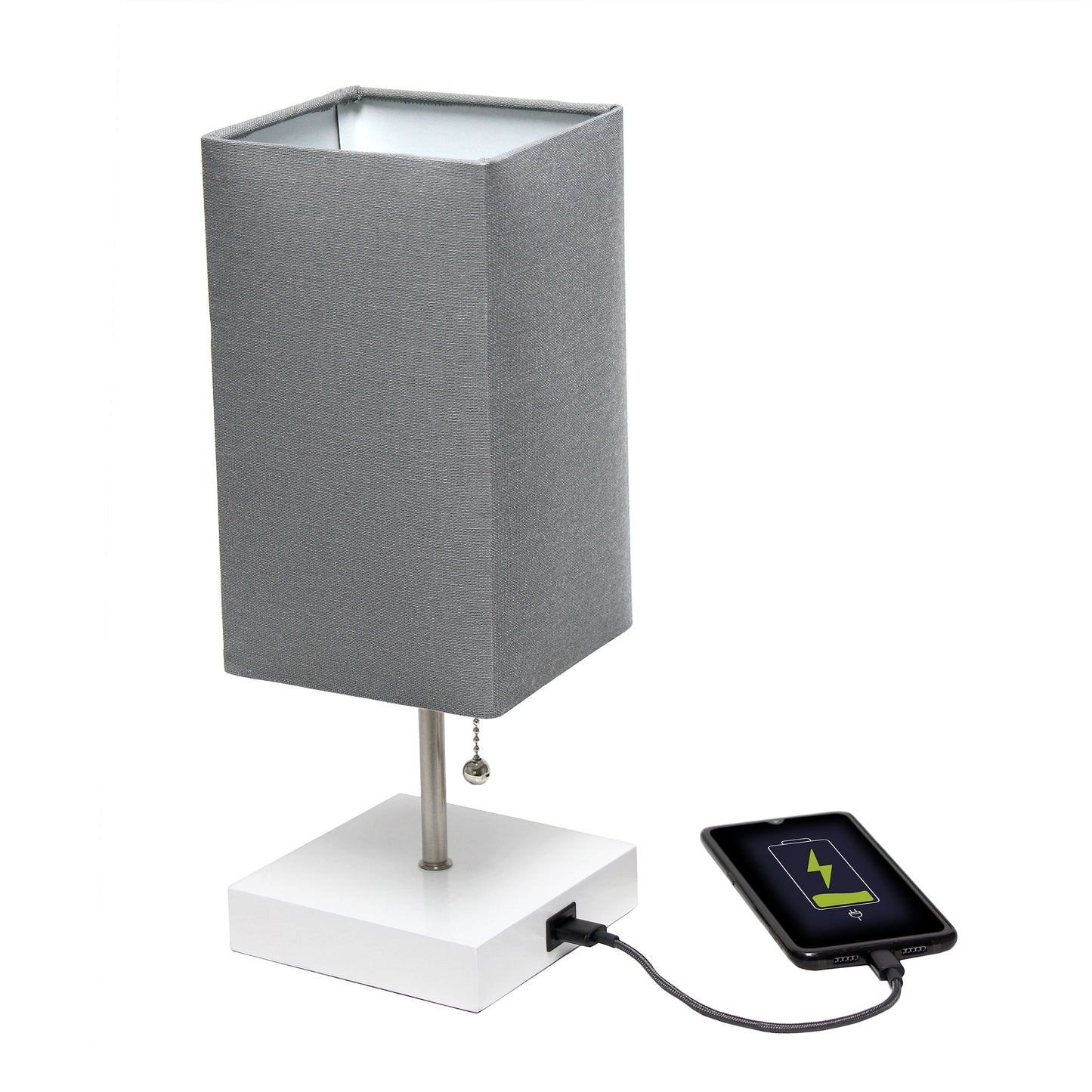All The Rages Simple Designs Petite White Stick Lamp With USB Charging Port & Gray Fabric Shade
