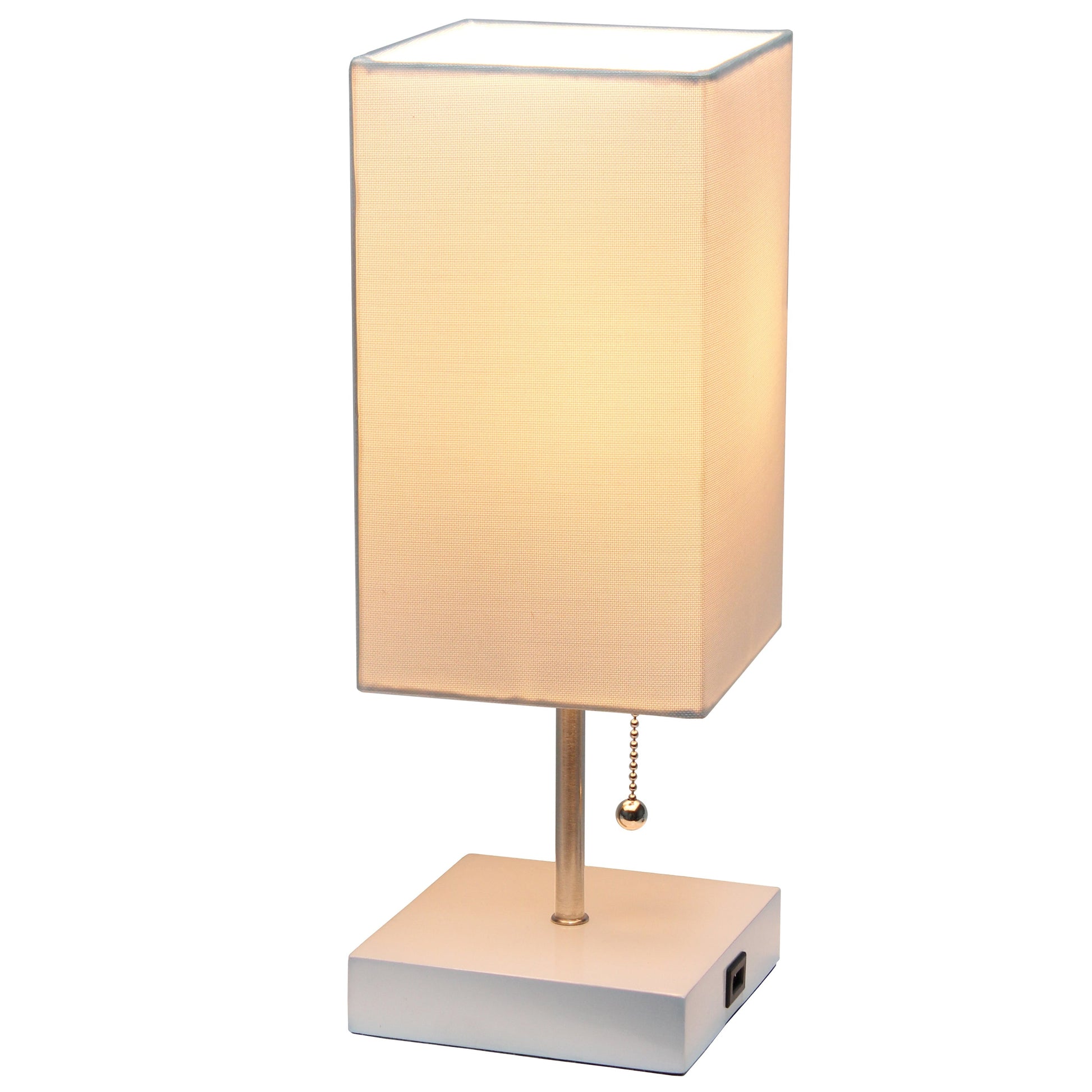 All The Rages Simple Designs Petite White Stick Lamp With USB Charging Port & White Fabric Shade