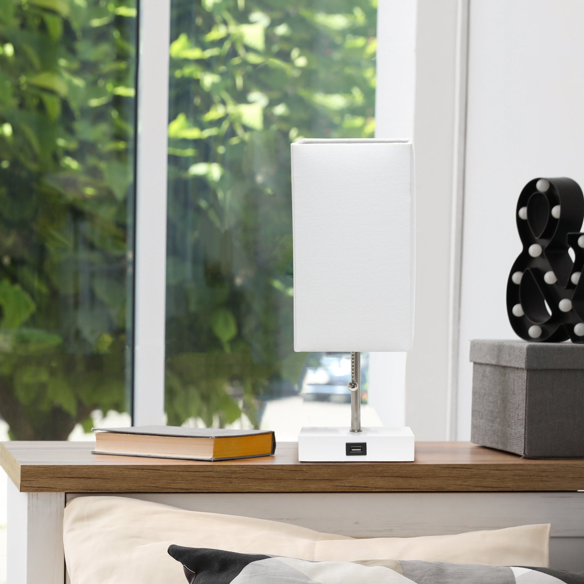 All The Rages Simple Designs Petite White Stick Lamp With USB Charging Port & White Fabric Shade