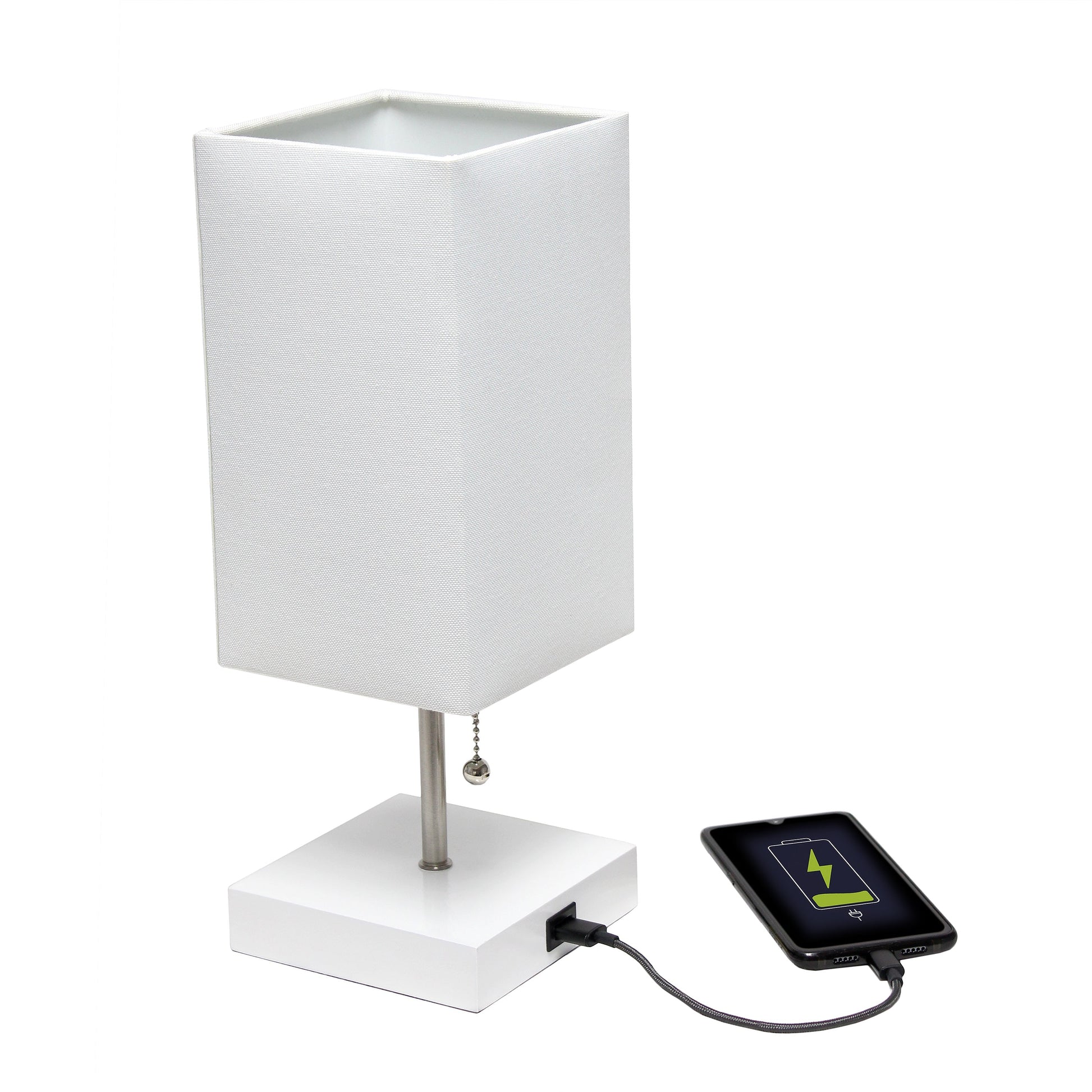 All The Rages Simple Designs Petite White Stick Lamp With USB Charging Port & White Fabric Shade