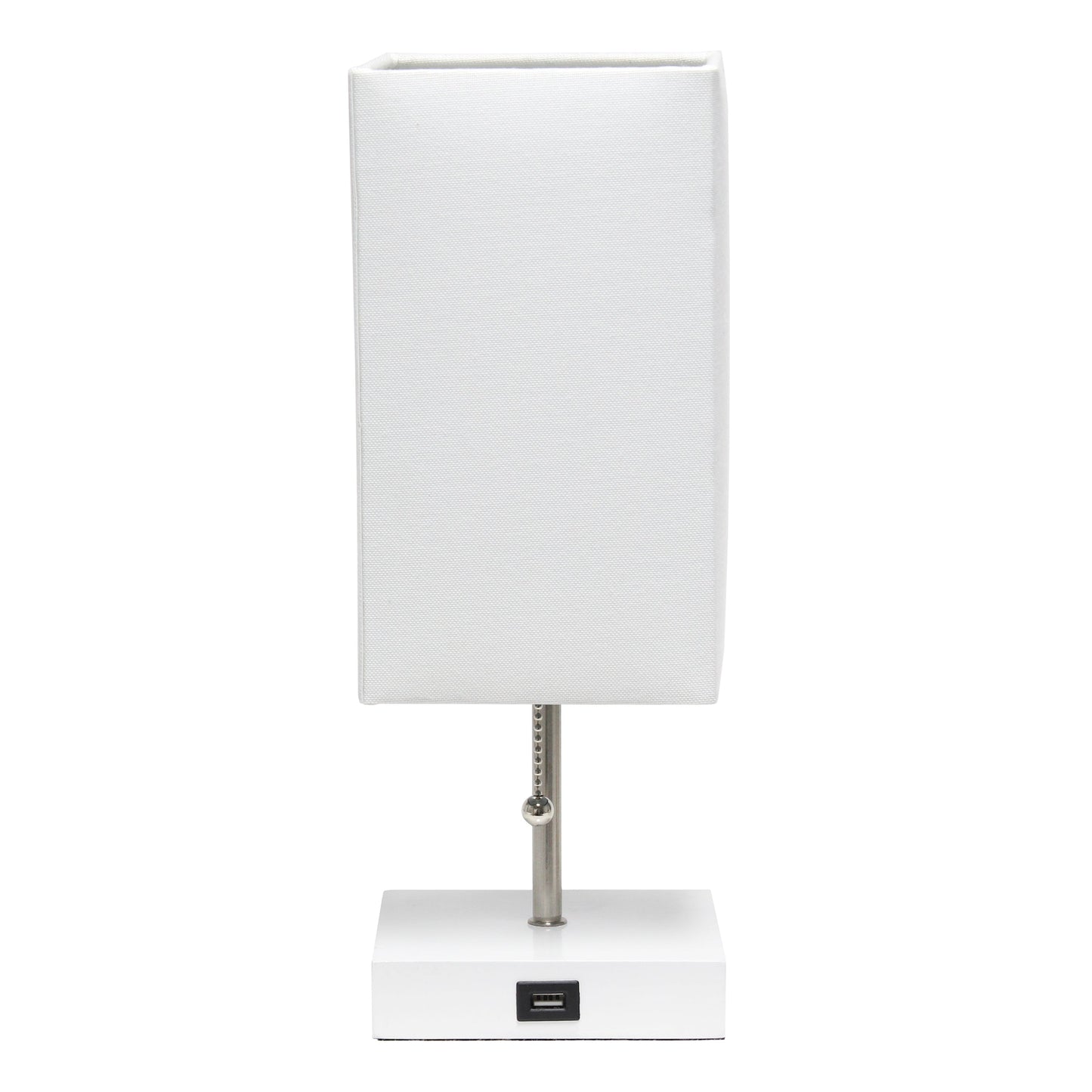 All The Rages Simple Designs Petite White Stick Lamp With USB Charging Port & White Fabric Shade
