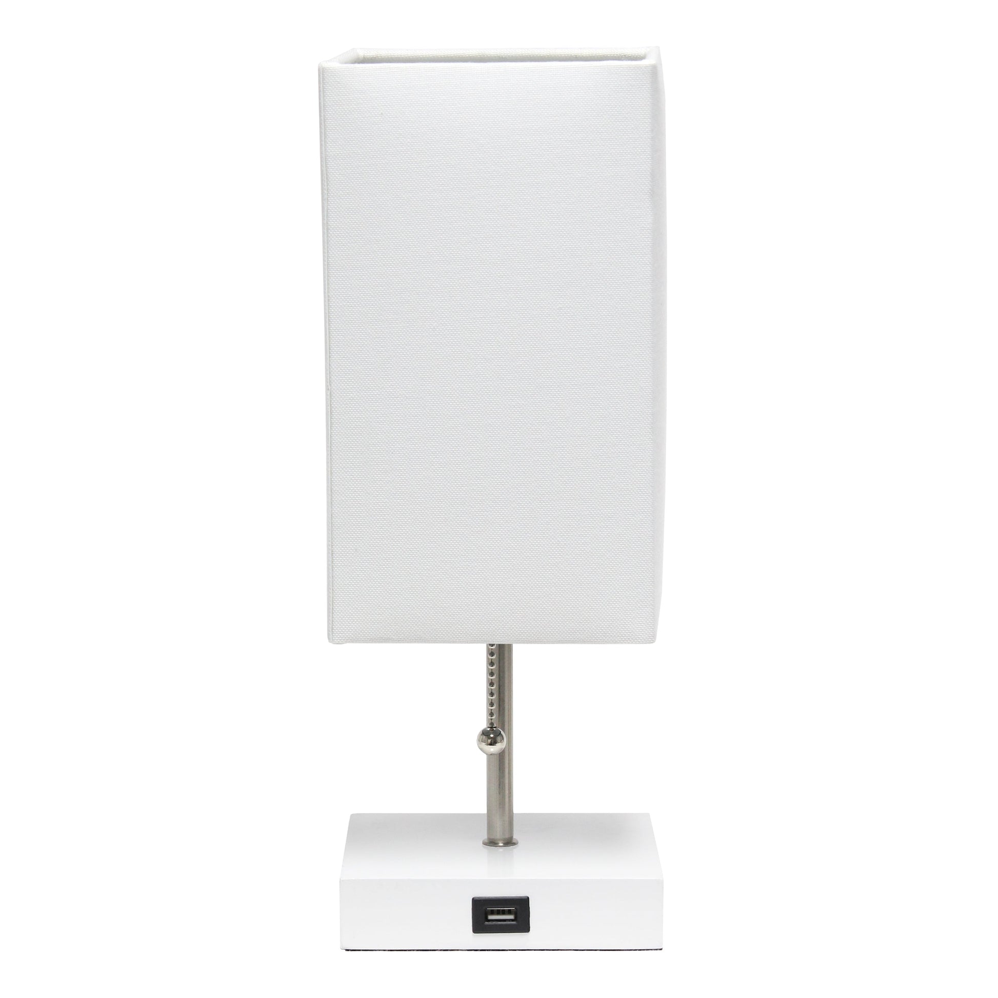 All The Rages Simple Designs Petite White Stick Lamp With USB Charging Port & White Fabric Shade