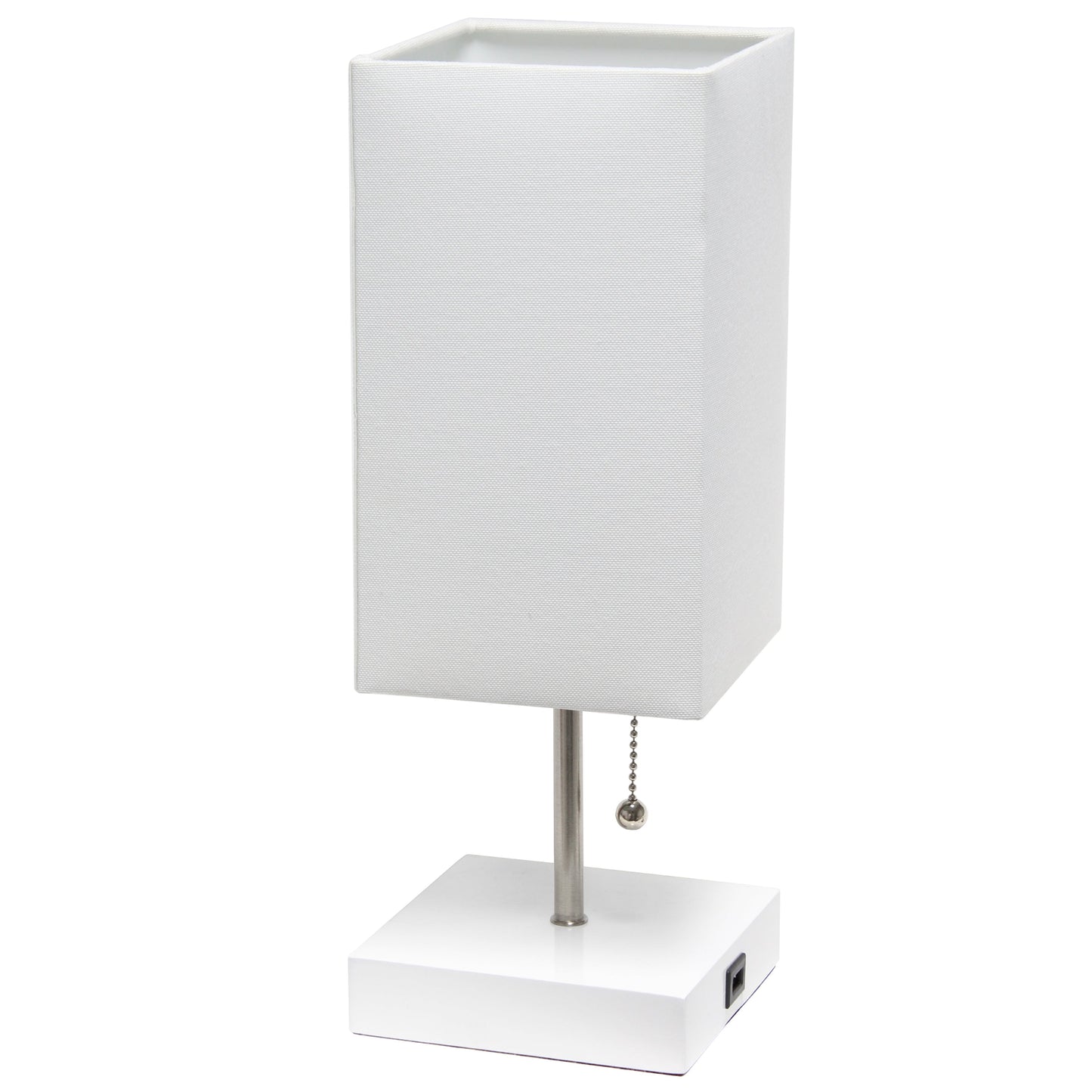 All The Rages Simple Designs Petite White Stick Lamp With USB Charging Port & White Fabric Shade