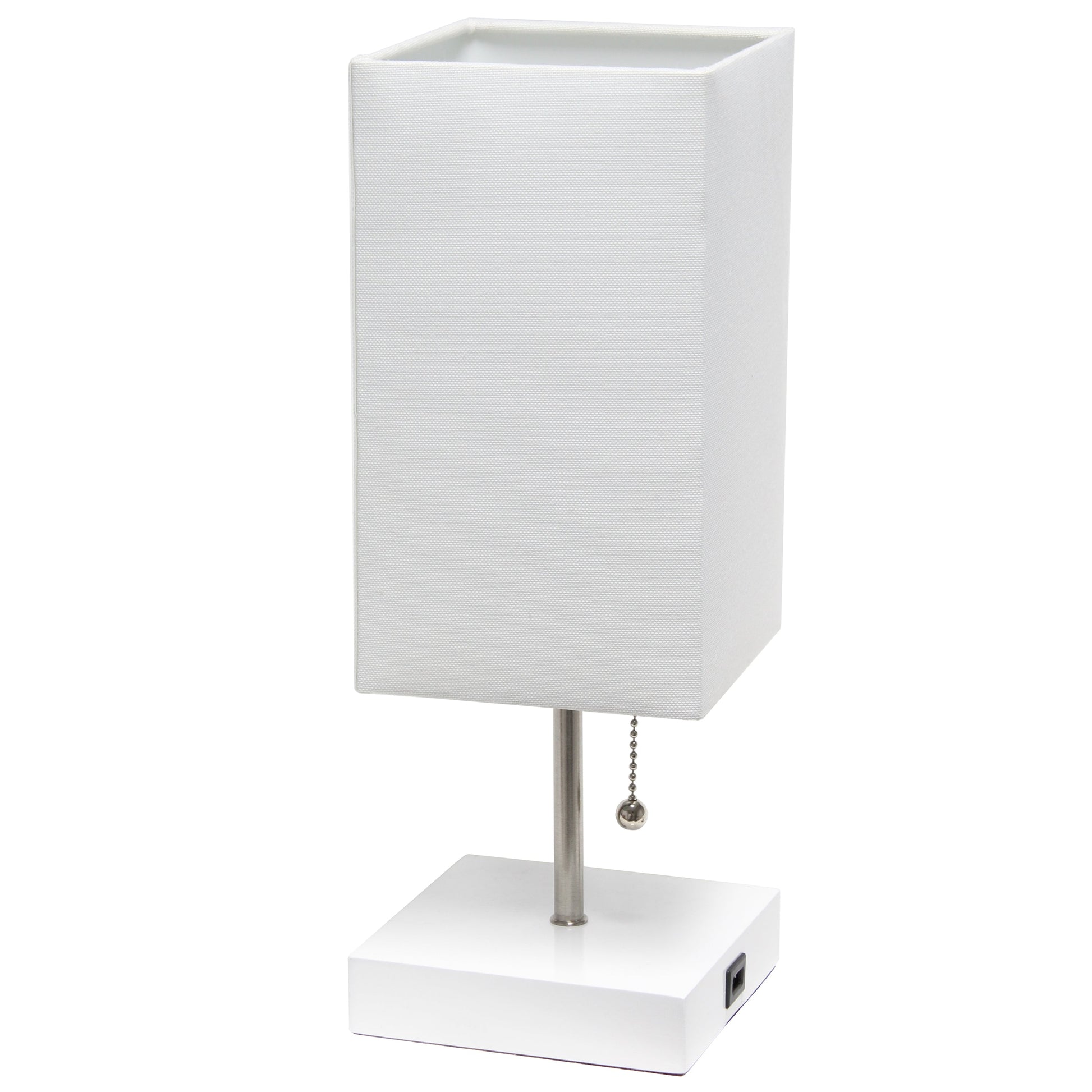 All The Rages Simple Designs Petite White Stick Lamp With USB Charging Port & White Fabric Shade