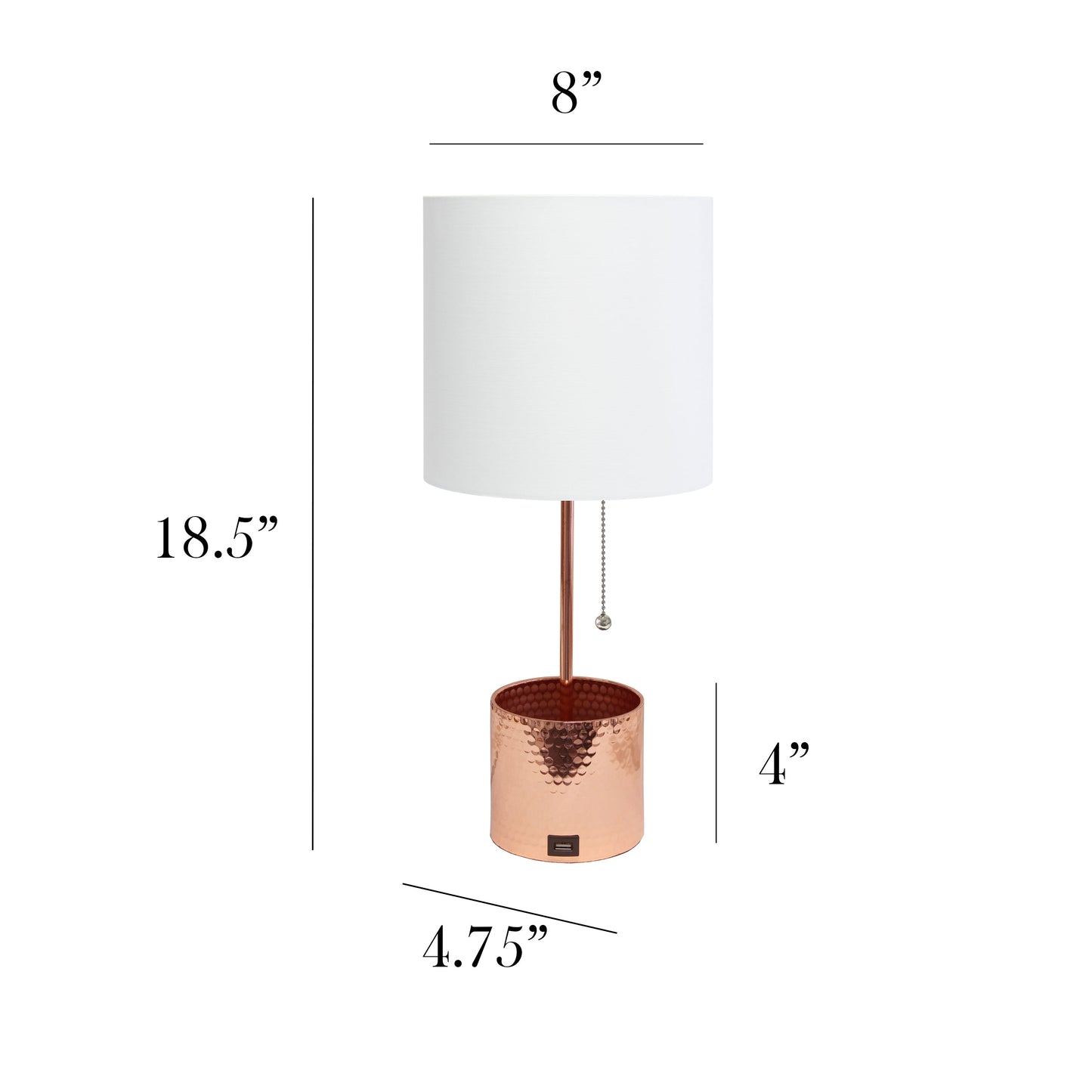 All The Rages Simple Designs Rose Gold Hammered Metal Organizer Table Lamp With USB Charging Port & Fabric Shade