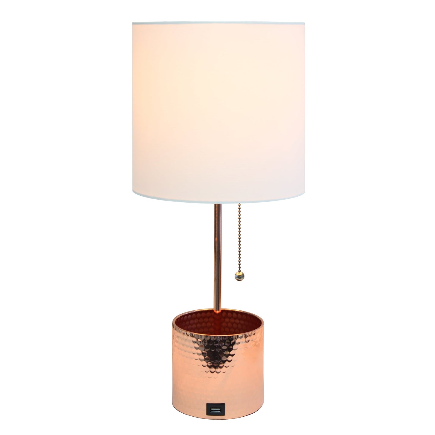 All The Rages Simple Designs Rose Gold Hammered Metal Organizer Table Lamp With USB Charging Port & Fabric Shade
