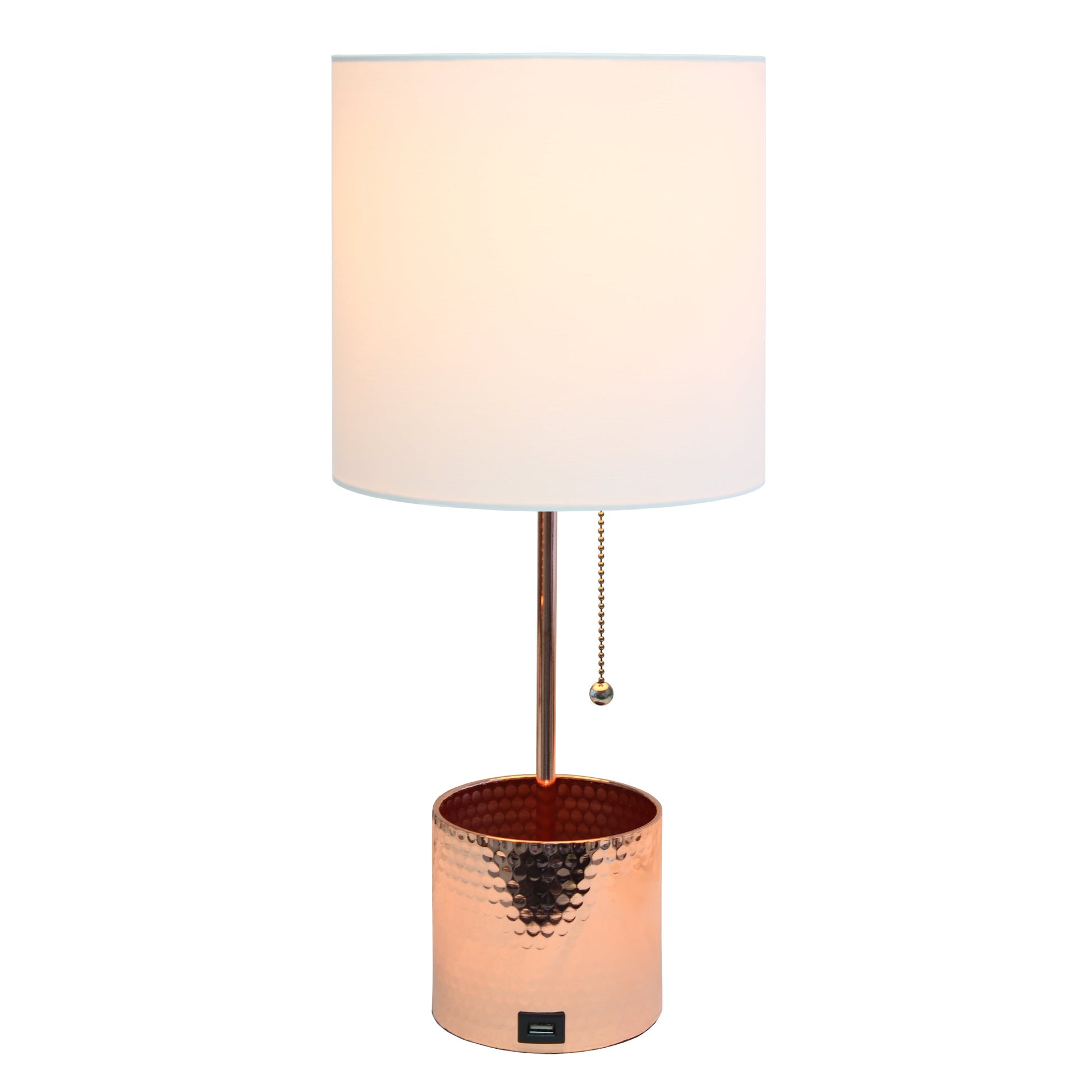 All The Rages Simple Designs Rose Gold Hammered Metal Organizer Table Lamp With USB Charging Port & Fabric Shade