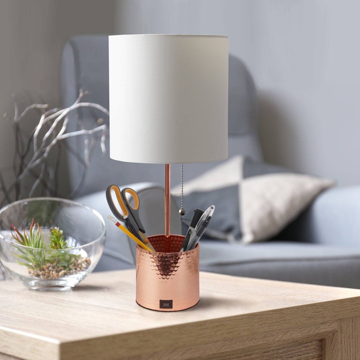 All The Rages Simple Designs Rose Gold Hammered Metal Organizer Table Lamp With USB Charging Port & Fabric Shade