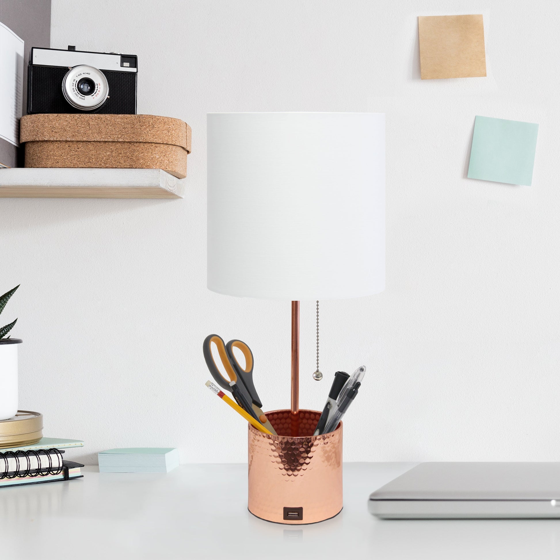 All The Rages Simple Designs Rose Gold Hammered Metal Organizer Table Lamp With USB Charging Port & Fabric Shade