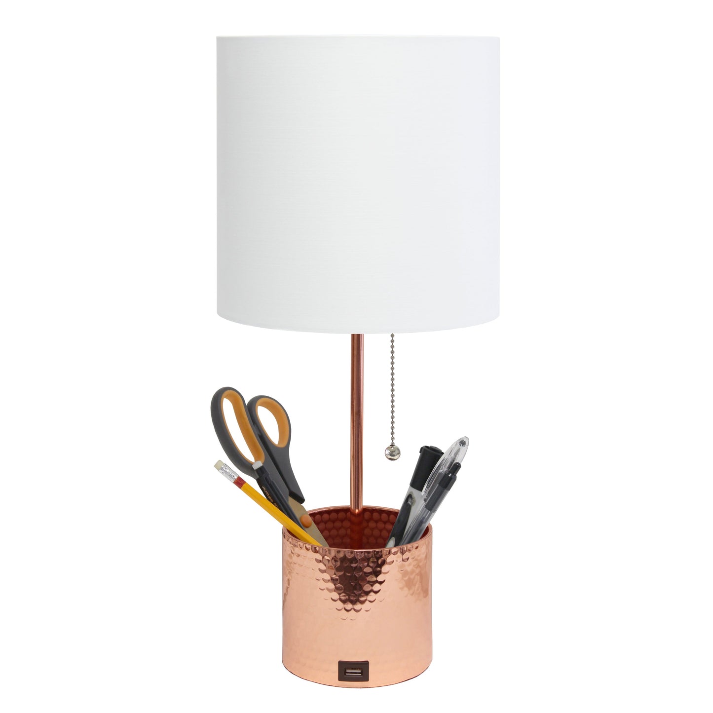 All The Rages Simple Designs Rose Gold Hammered Metal Organizer Table Lamp With USB Charging Port & Fabric Shade