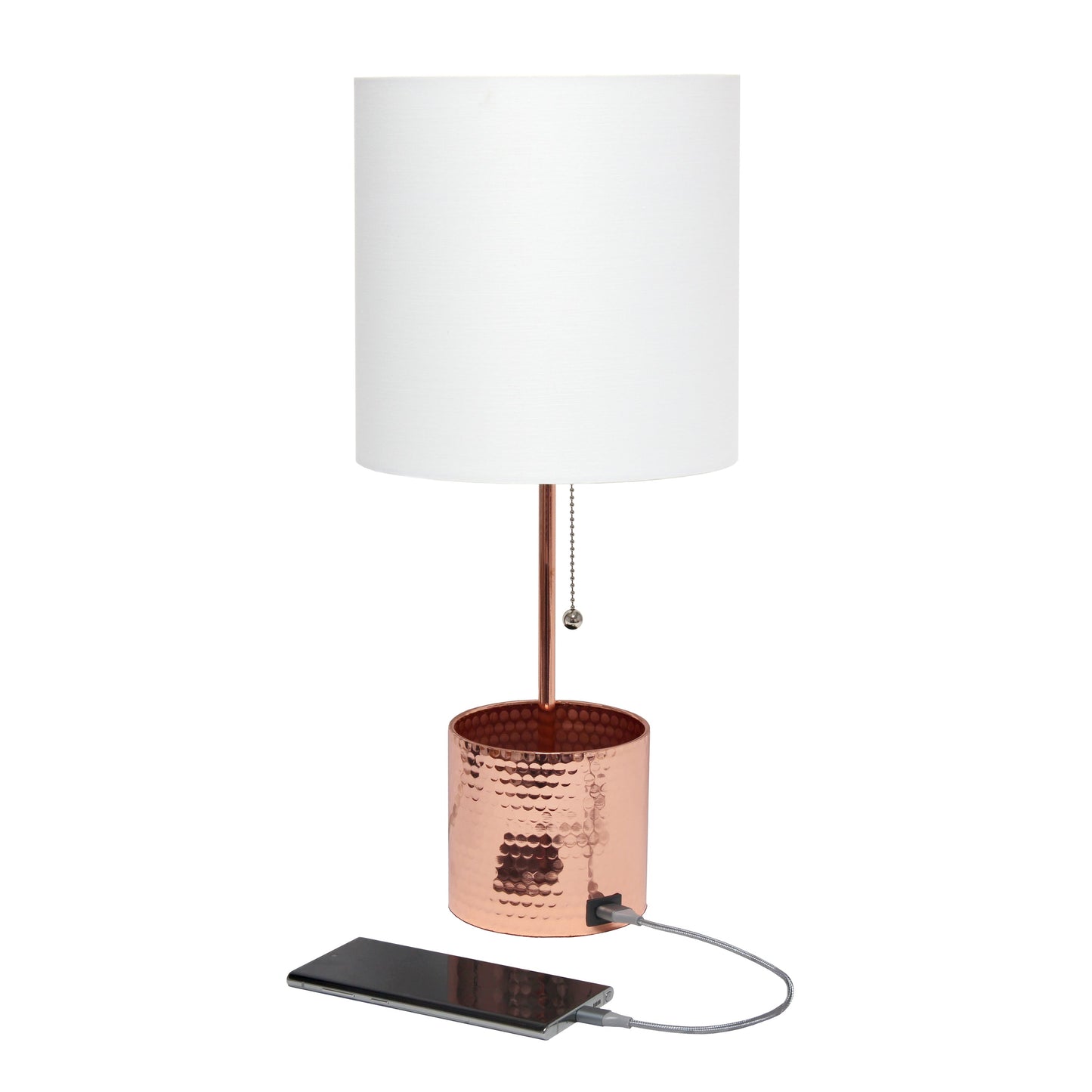 All The Rages Simple Designs Rose Gold Hammered Metal Organizer Table Lamp With USB Charging Port & Fabric Shade