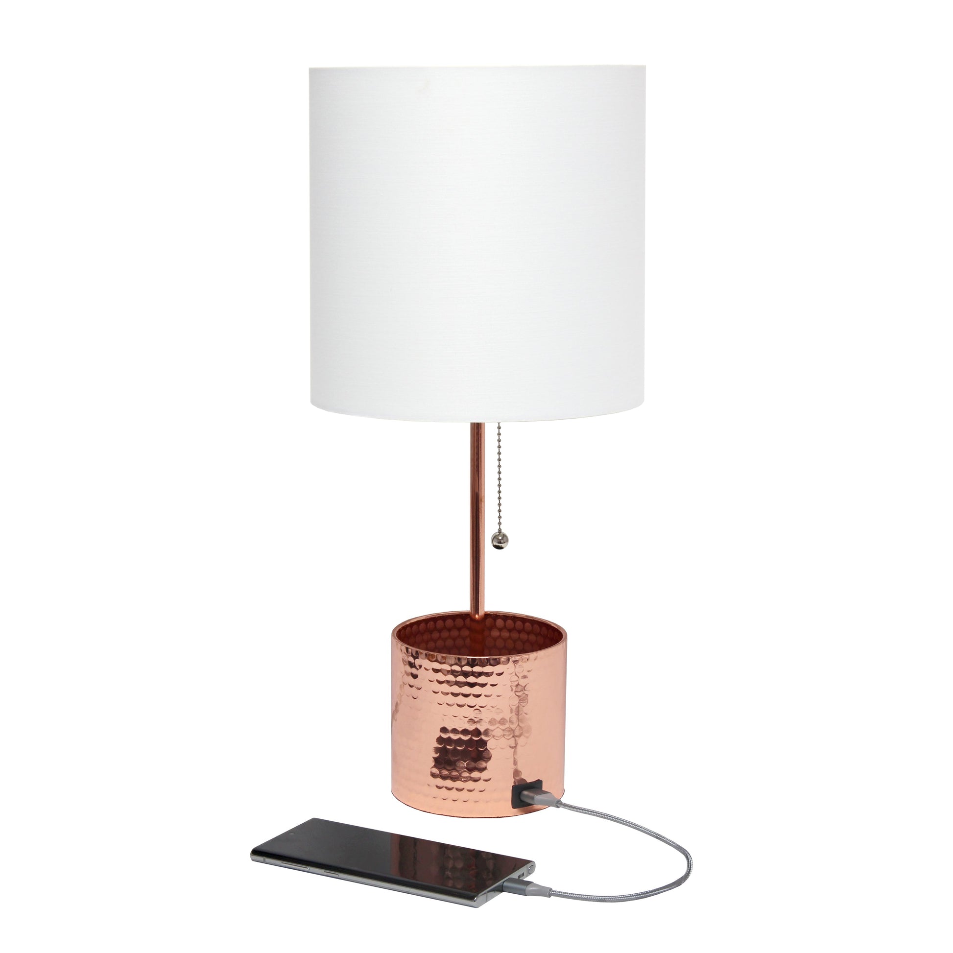 All The Rages Simple Designs Rose Gold Hammered Metal Organizer Table Lamp With USB Charging Port & Fabric Shade