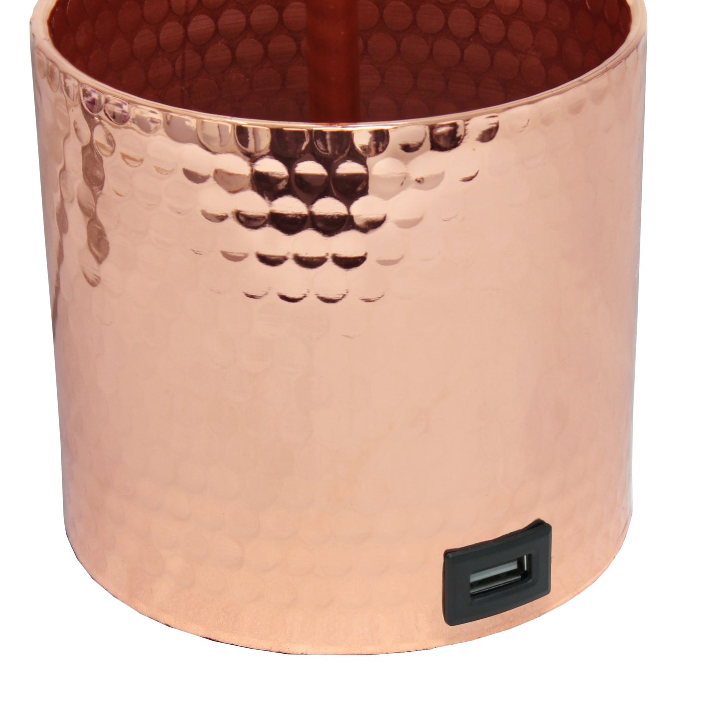 All The Rages Simple Designs Rose Gold Hammered Metal Organizer Table Lamp With USB Charging Port & Fabric Shade