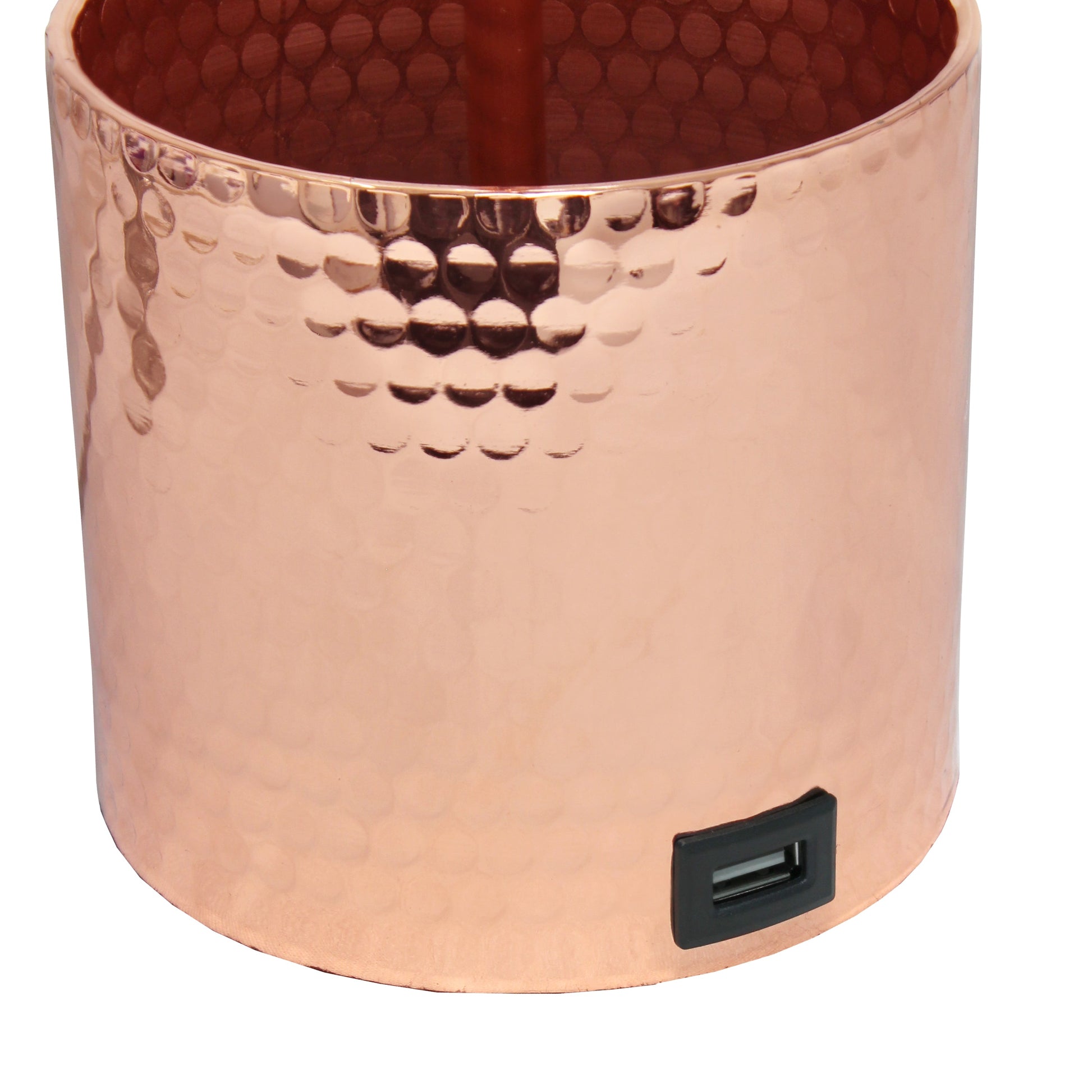All The Rages Simple Designs Rose Gold Hammered Metal Organizer Table Lamp With USB Charging Port & Fabric Shade