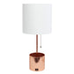 All The Rages Simple Designs Rose Gold Hammered Metal Organizer Table Lamp With USB Charging Port & Fabric Shade