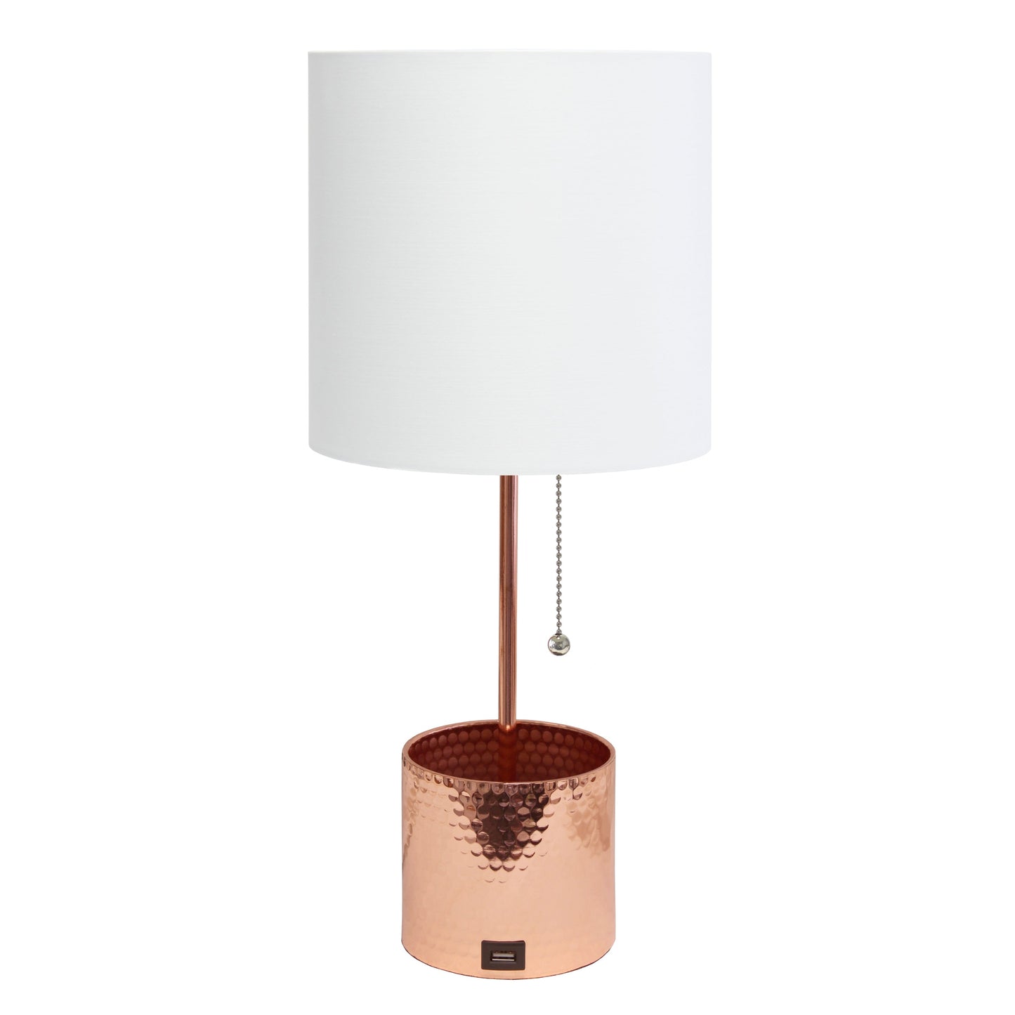 All The Rages Simple Designs Rose Gold Hammered Metal Organizer Table Lamp With USB Charging Port & Fabric Shade
