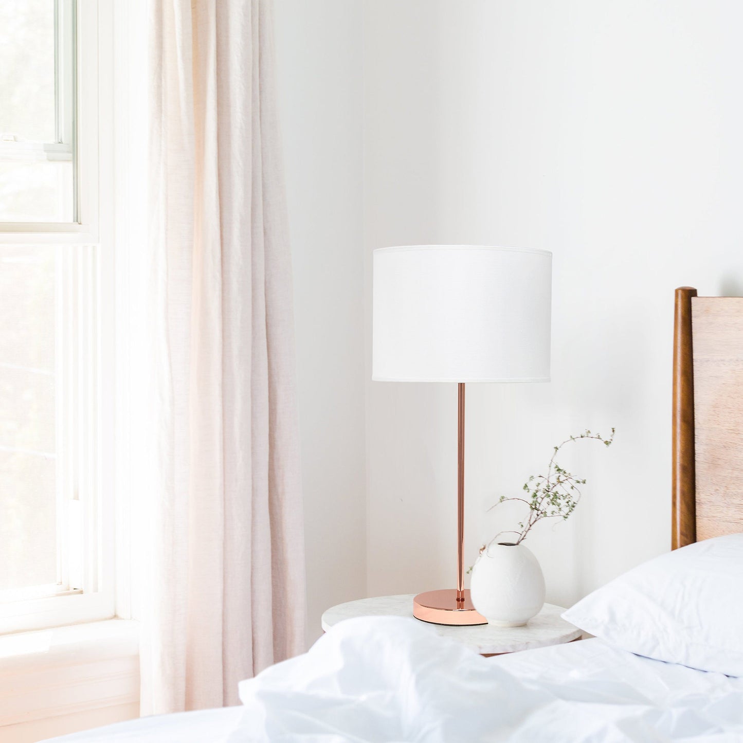 All The Rages Simple Designs Rose Gold Stick Lamp With White Fabric Shade