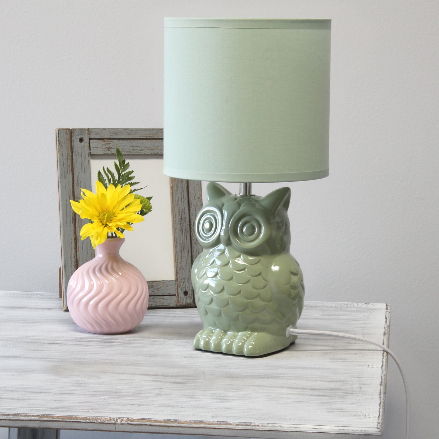 All The Rages Simple Designs Sage Green 13" Ceramic Owl Table Lamp With Matching Fabric Shade