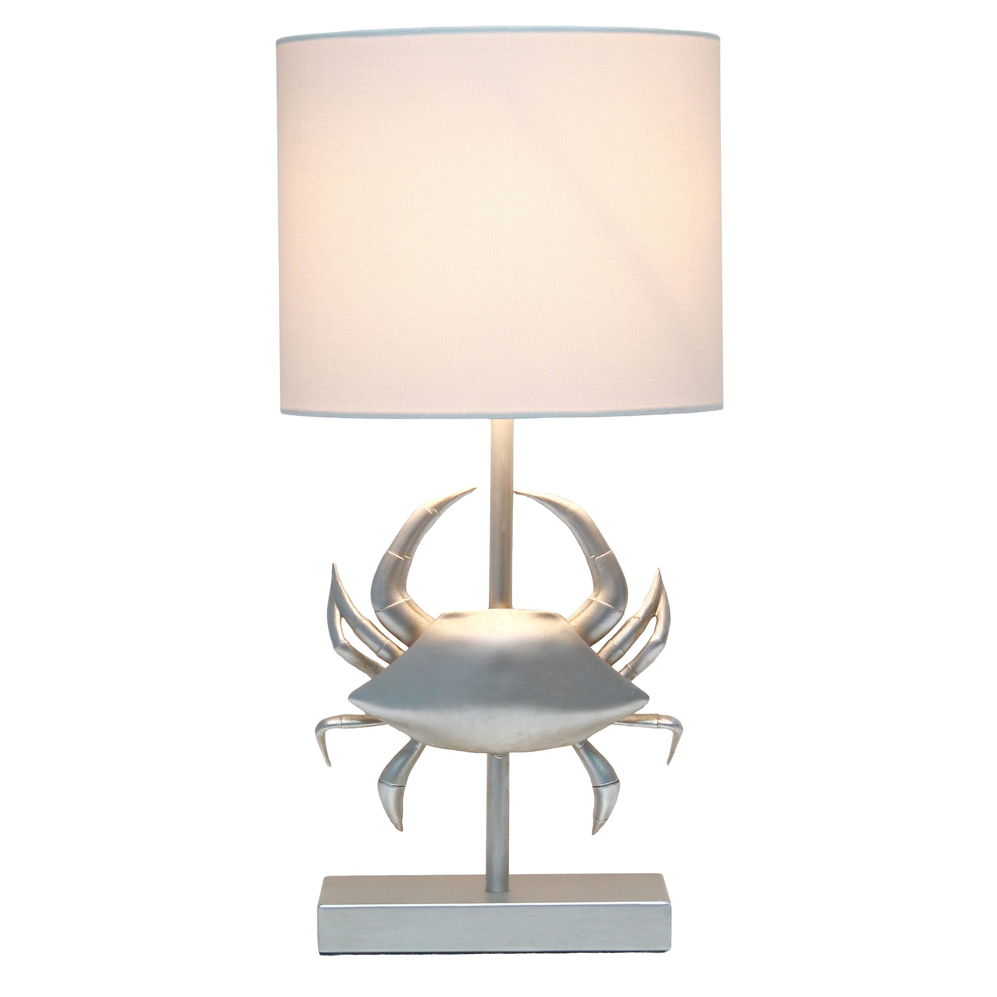 All The Rages Simple Designs Shoreside 18" Tall Coastal Brushed Nickel & Polyresin Pinching Crab Shaped Bedside Table Lamp With White Fabric Drum Shade