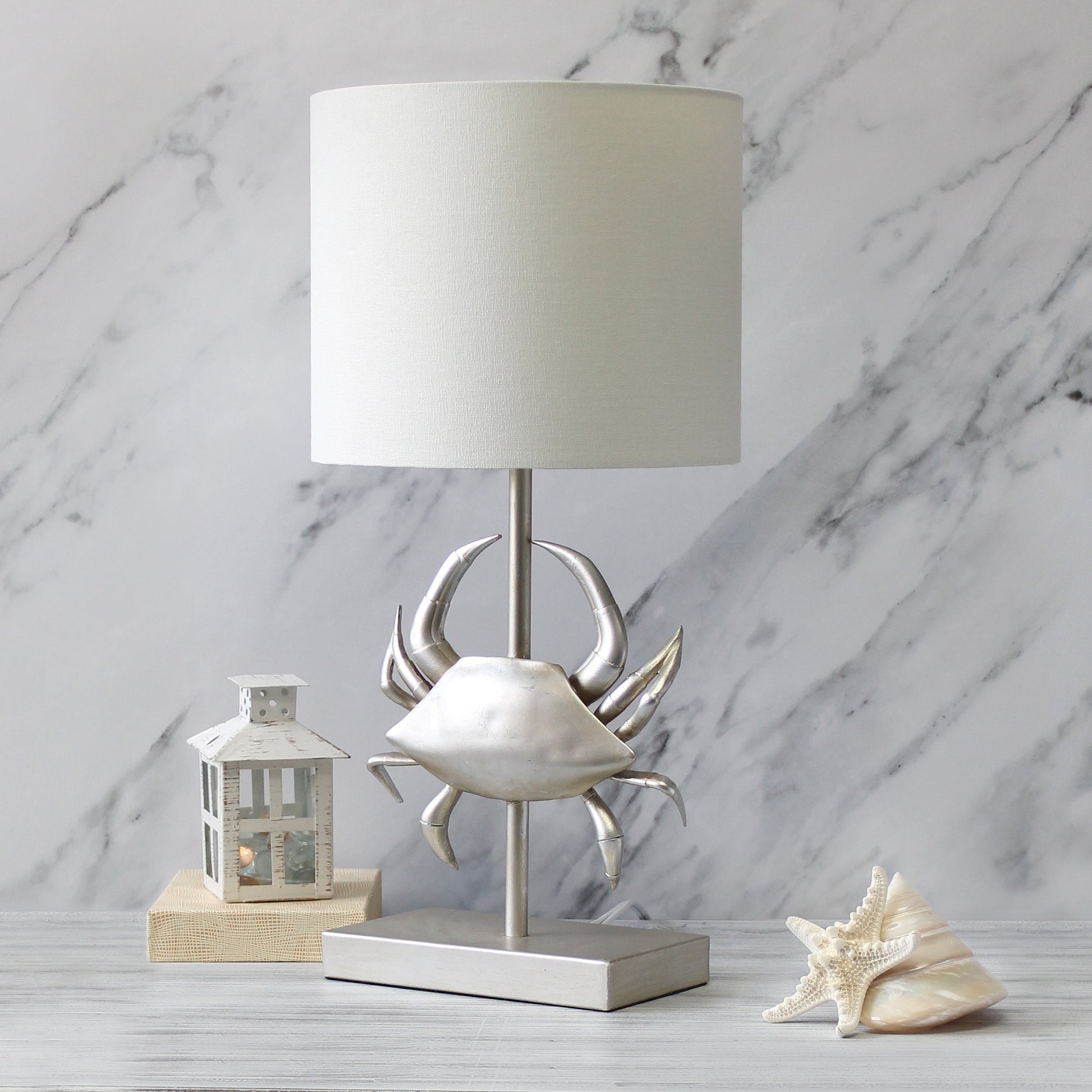 All The Rages Simple Designs Shoreside 18" Tall Coastal Brushed Nickel & Polyresin Pinching Crab Shaped Bedside Table Lamp With White Fabric Drum Shade