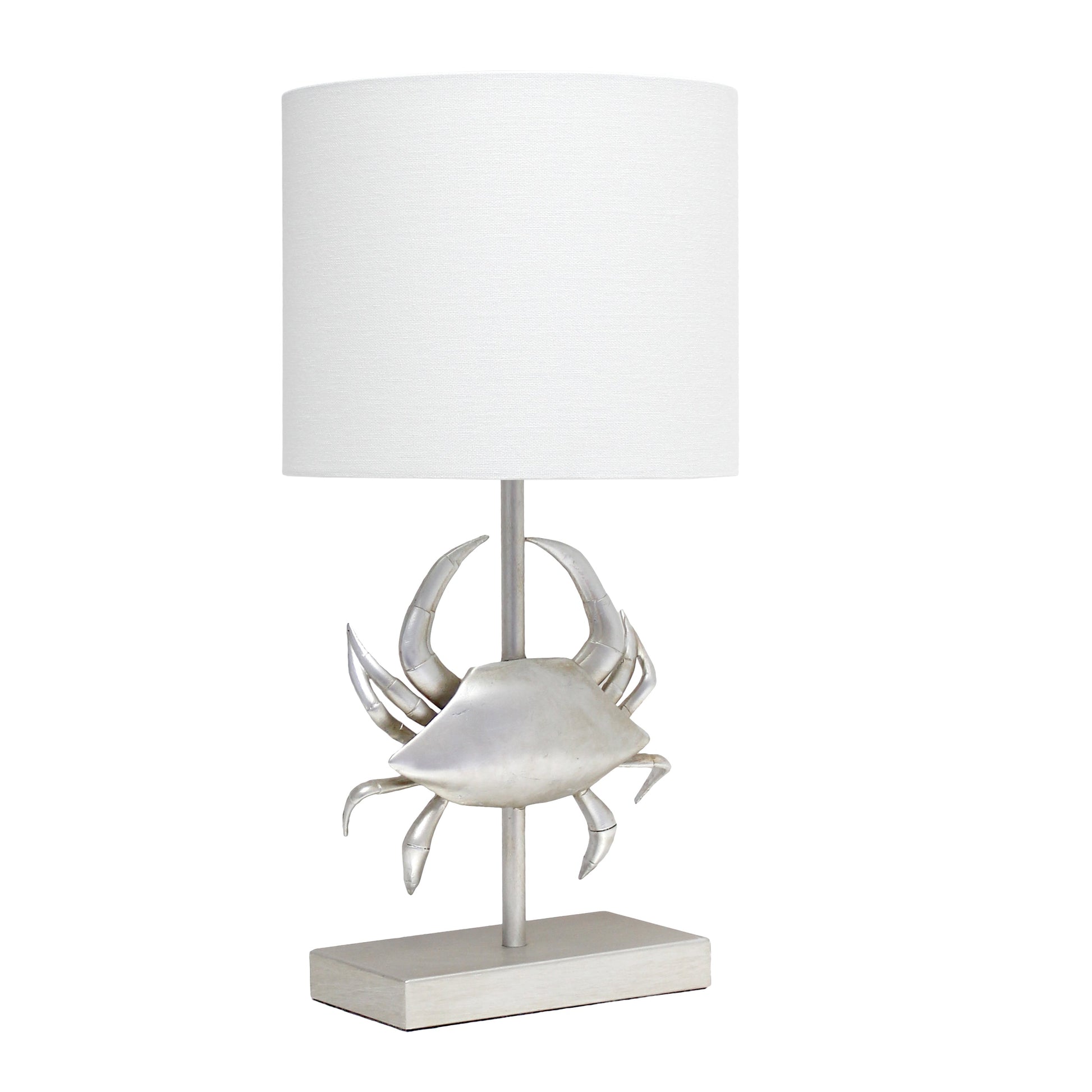 All The Rages Simple Designs Shoreside 18" Tall Coastal Brushed Nickel & Polyresin Pinching Crab Shaped Bedside Table Lamp With White Fabric Drum Shade