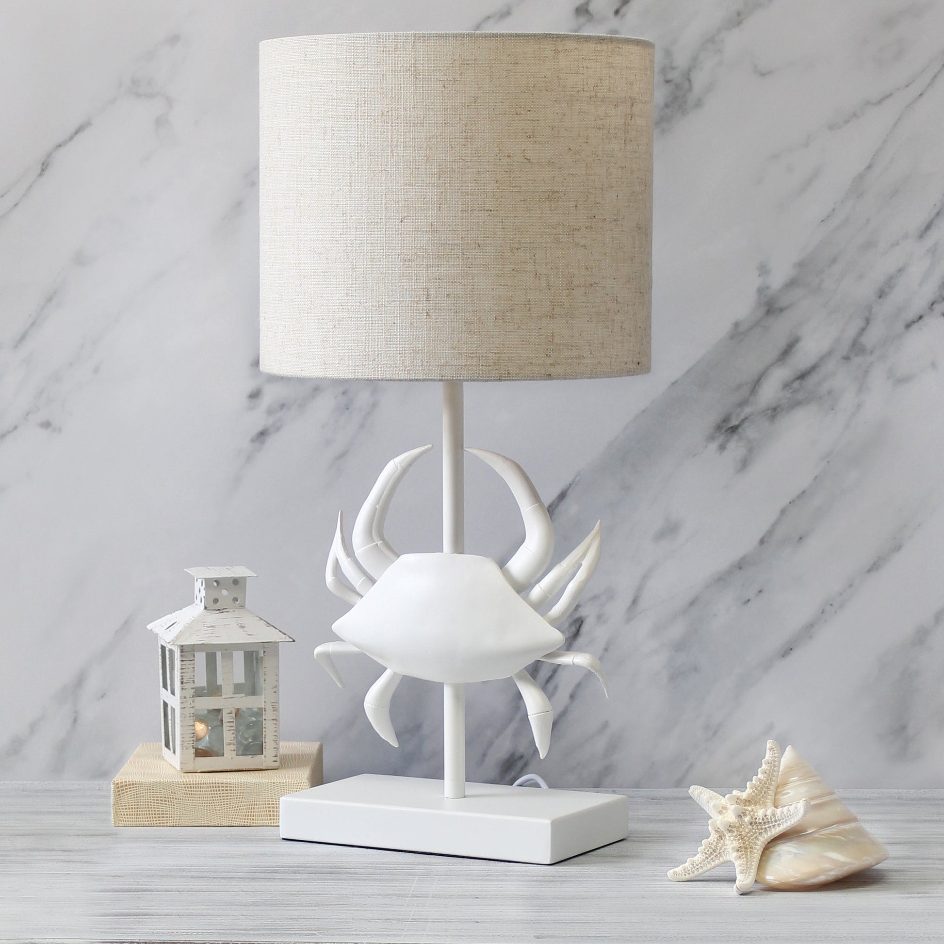 All The Rages Simple Designs Shoreside 18" Tall Coastal White & Polyresin Pinching Crab Shaped Bedside Table Lamp With Light Beige Fabric Drum Shade