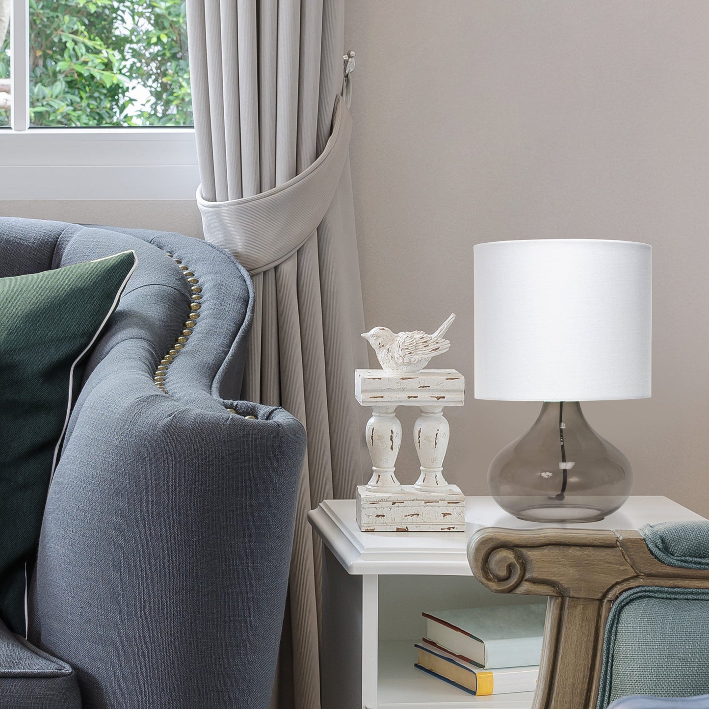All The Rages Simple Designs Smoke Gray Glass Raindrop Table Lamp With White Fabric Shade