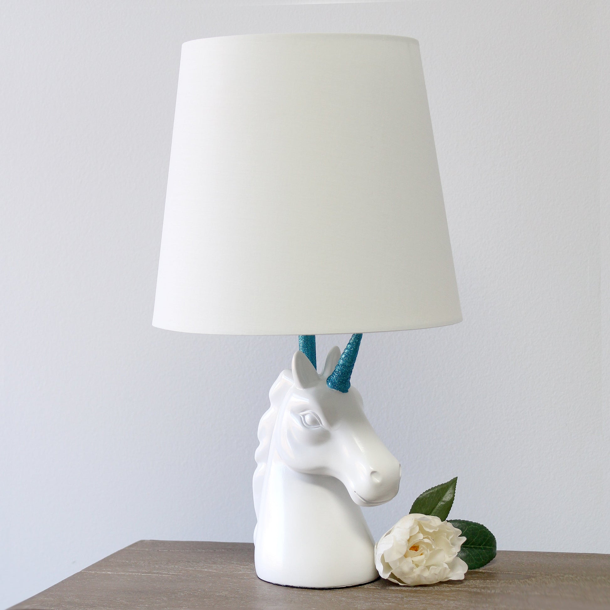All The Rages Simple Designs Sparkling Blue & White Unicorn Table Lamp
