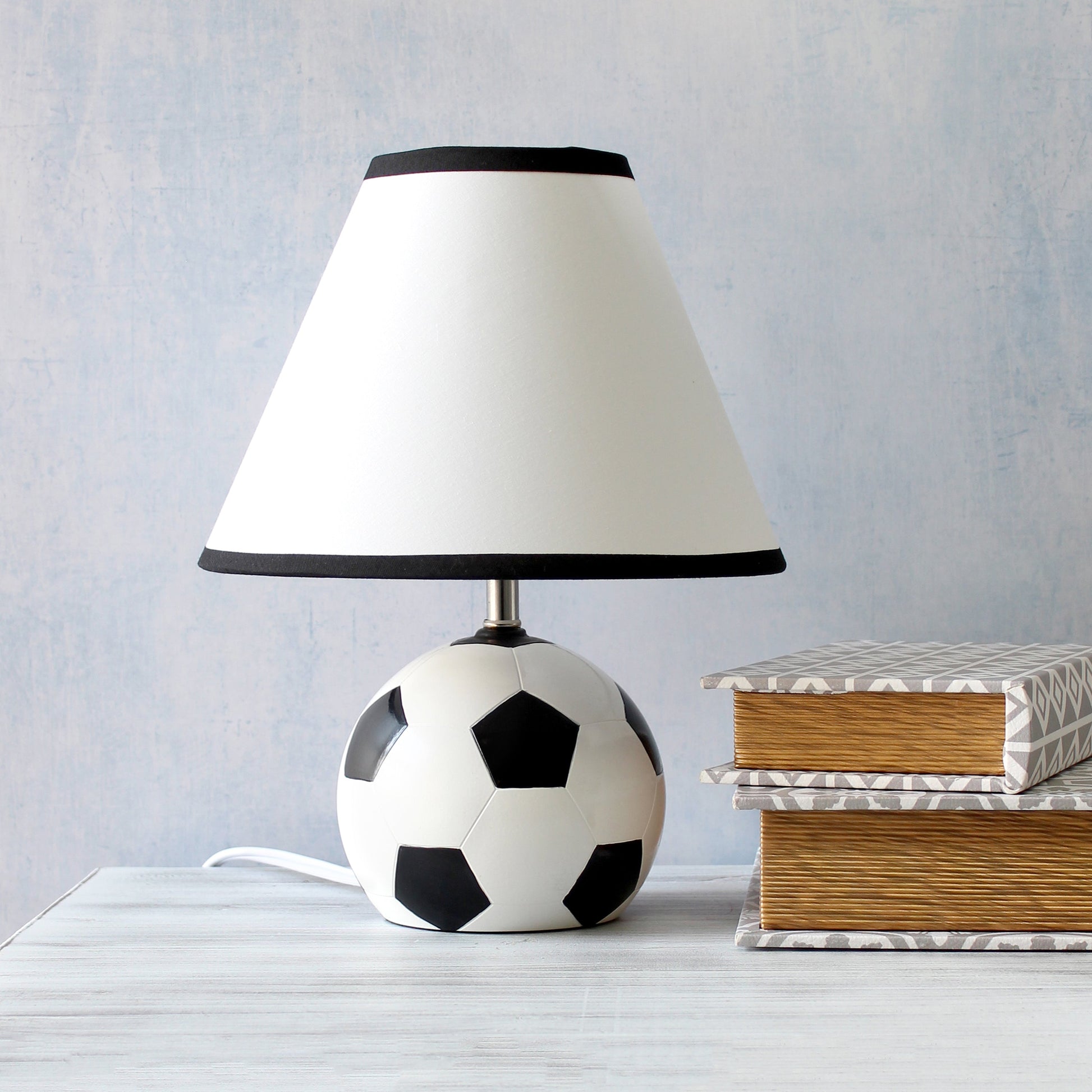 All The Rages Simple Designs SportsLite Black & White 12" Soccer Ball Ceramic Table Lamp With White Empire Fabric Shade