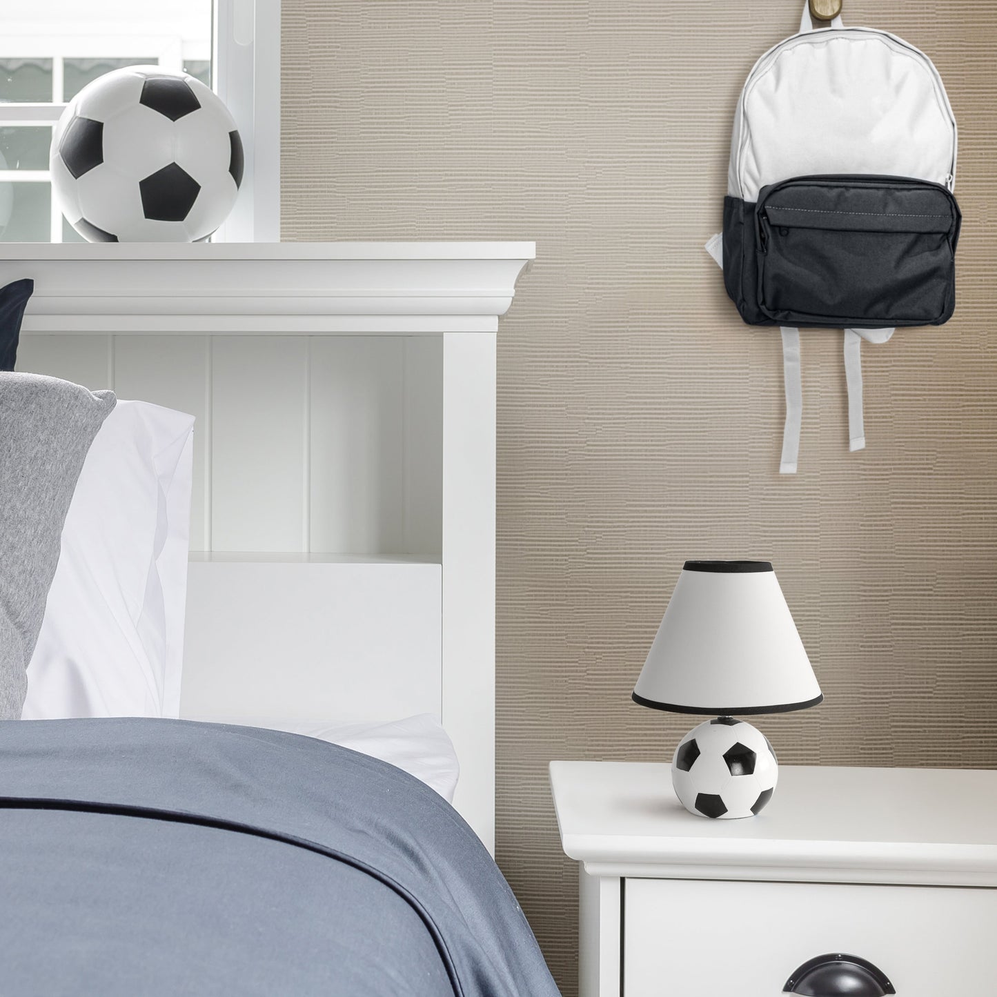 All The Rages Simple Designs SportsLite Black & White 12" Soccer Ball Ceramic Table Lamp With White Empire Fabric Shade