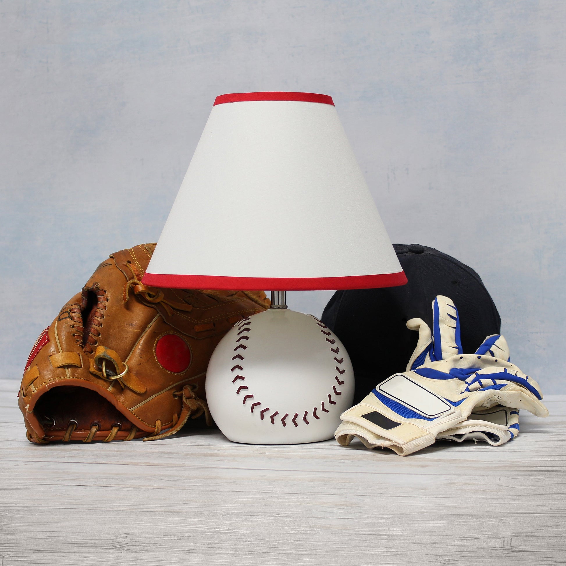 All The Rages Simple Designs SportsLite White 12" Baseball Ceramic Table Lamp With White Empire Fabric Shade