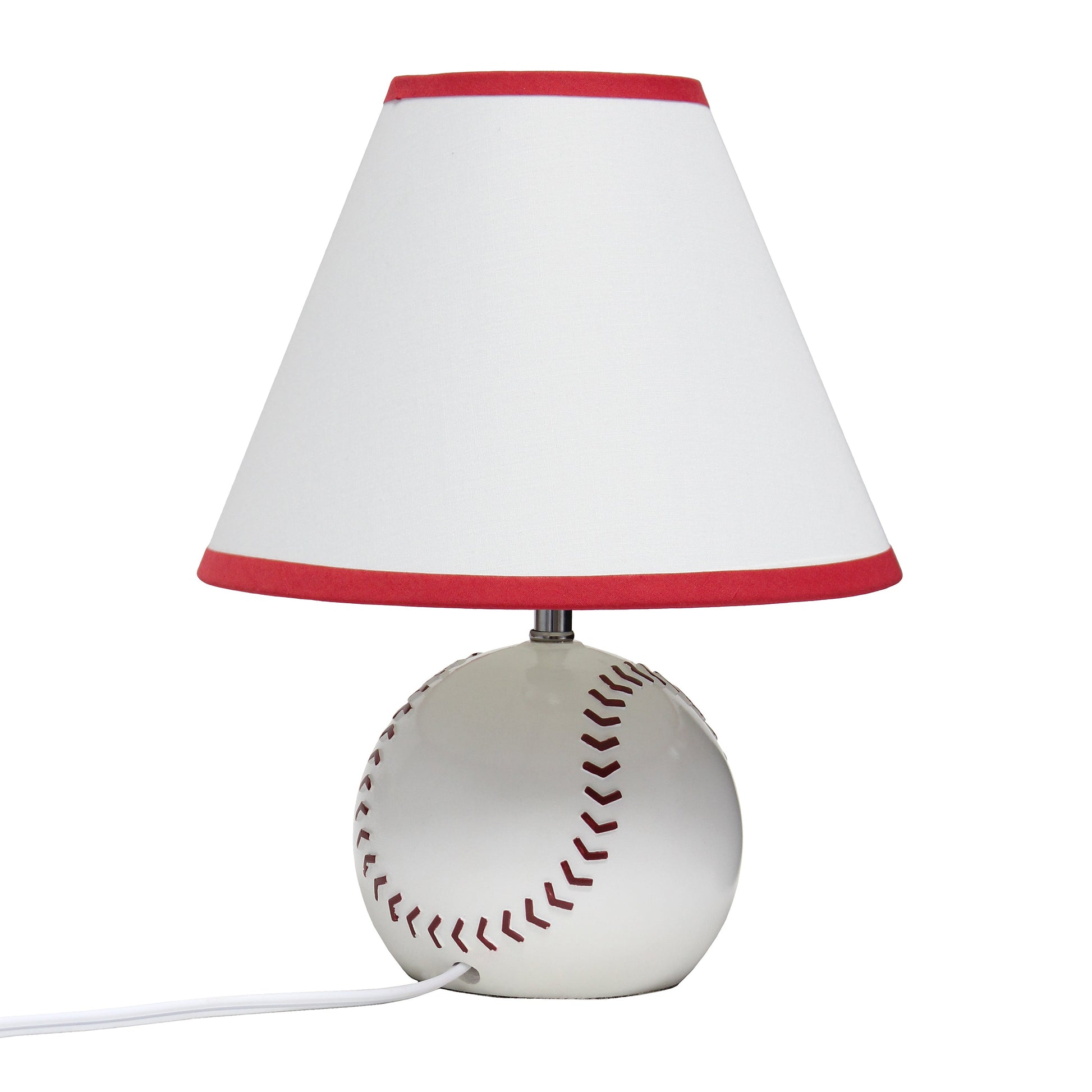 All The Rages Simple Designs SportsLite White 12" Baseball Ceramic Table Lamp With White Empire Fabric Shade