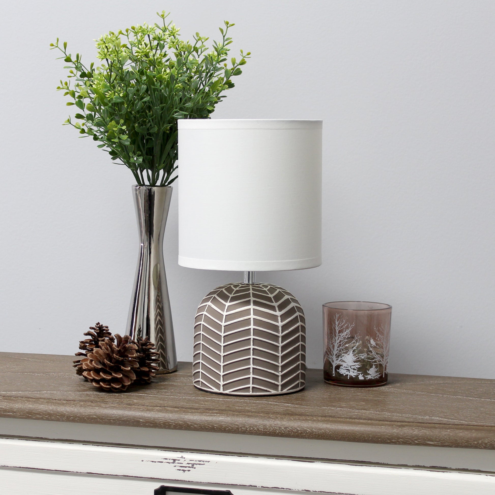 All The Rages Simple Designs Taupe 10" Webbed Waves Base Table Lamp With White Fabric Drum Shade