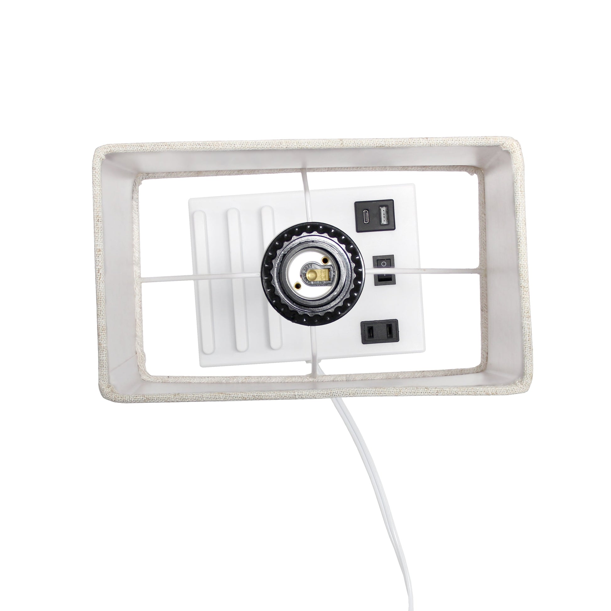All The Rages Simple Designs White 15" Multi-Use Table Lamp With 2 USB Ports & Charging Outlet With Beige Fabric Shade