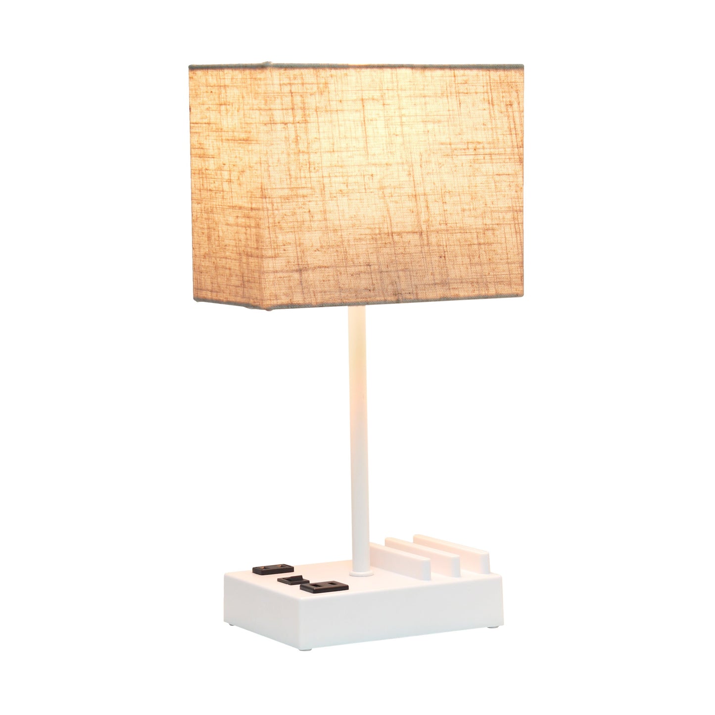 All The Rages Simple Designs White 15" Multi-Use Table Lamp With 2 USB Ports & Charging Outlet With Beige Fabric Shade