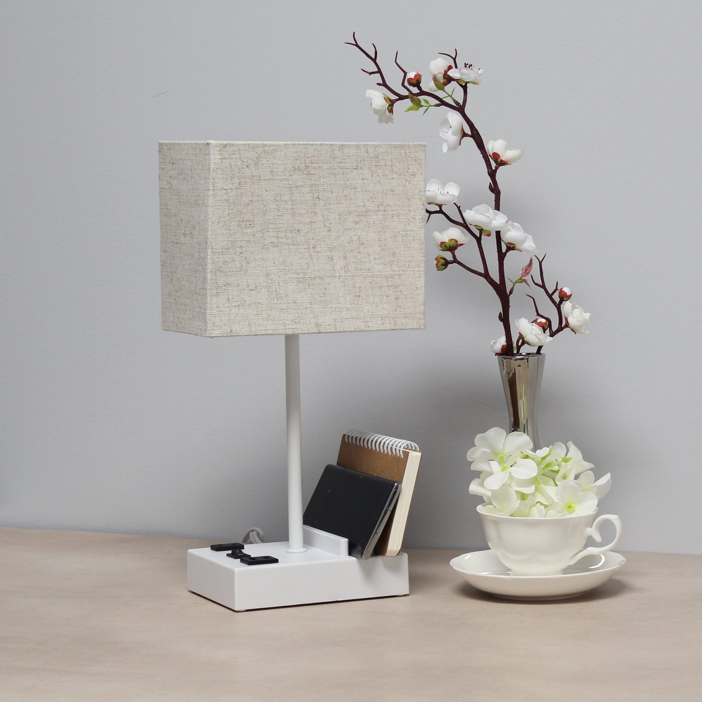 All The Rages Simple Designs White 15" Multi-Use Table Lamp With 2 USB Ports & Charging Outlet With Beige Fabric Shade