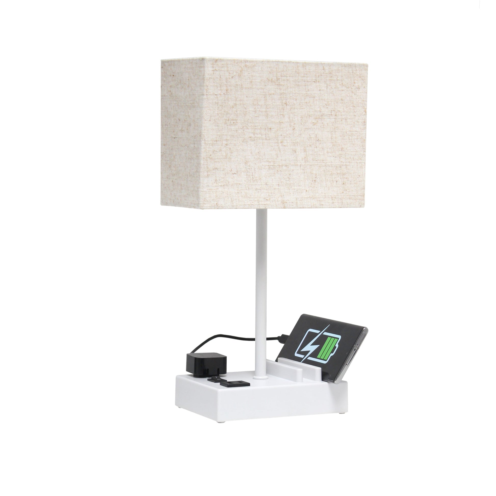 All The Rages Simple Designs White 15" Multi-Use Table Lamp With 2 USB Ports & Charging Outlet With Beige Fabric Shade