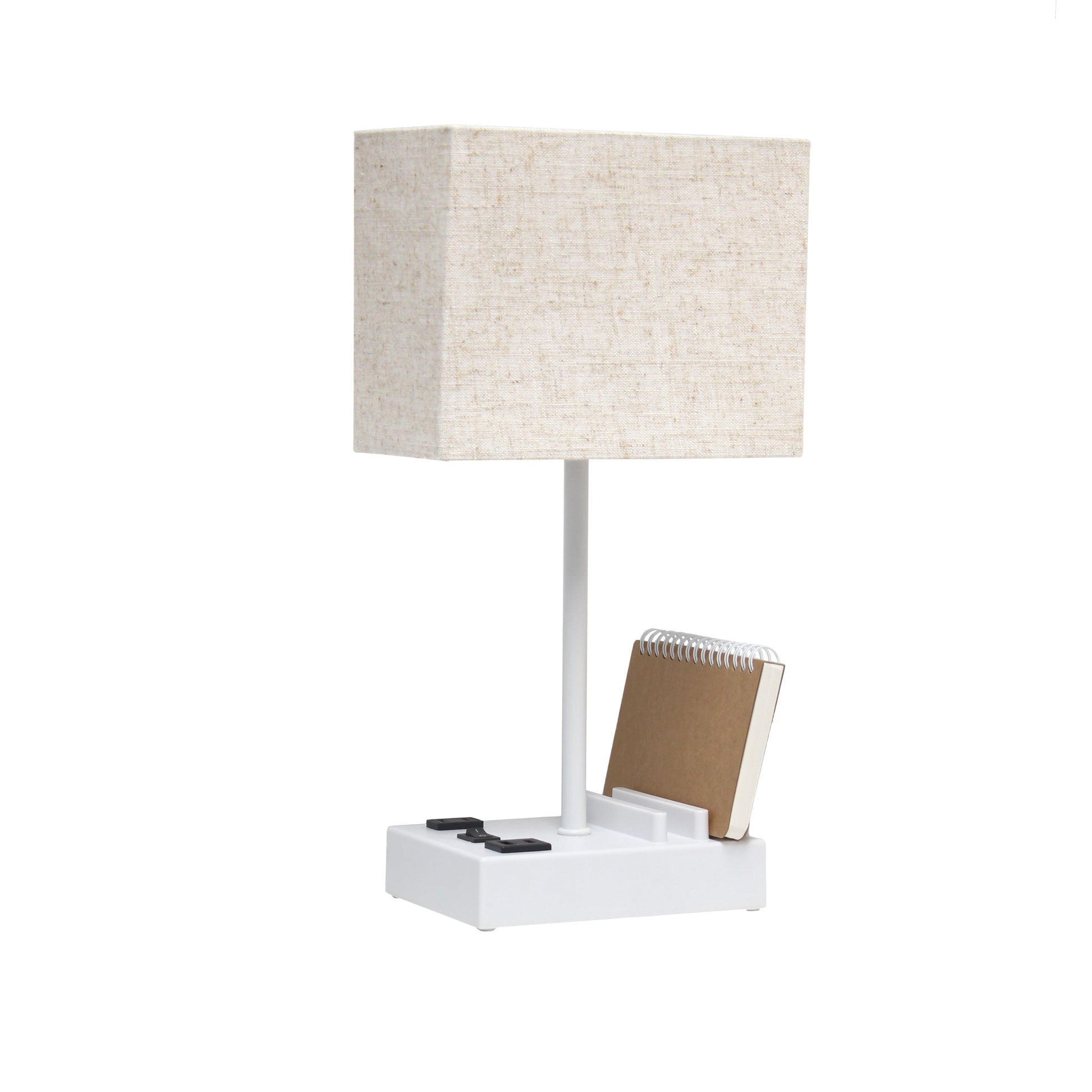 All The Rages Simple Designs White 15" Multi-Use Table Lamp With 2 USB Ports & Charging Outlet With Beige Fabric Shade