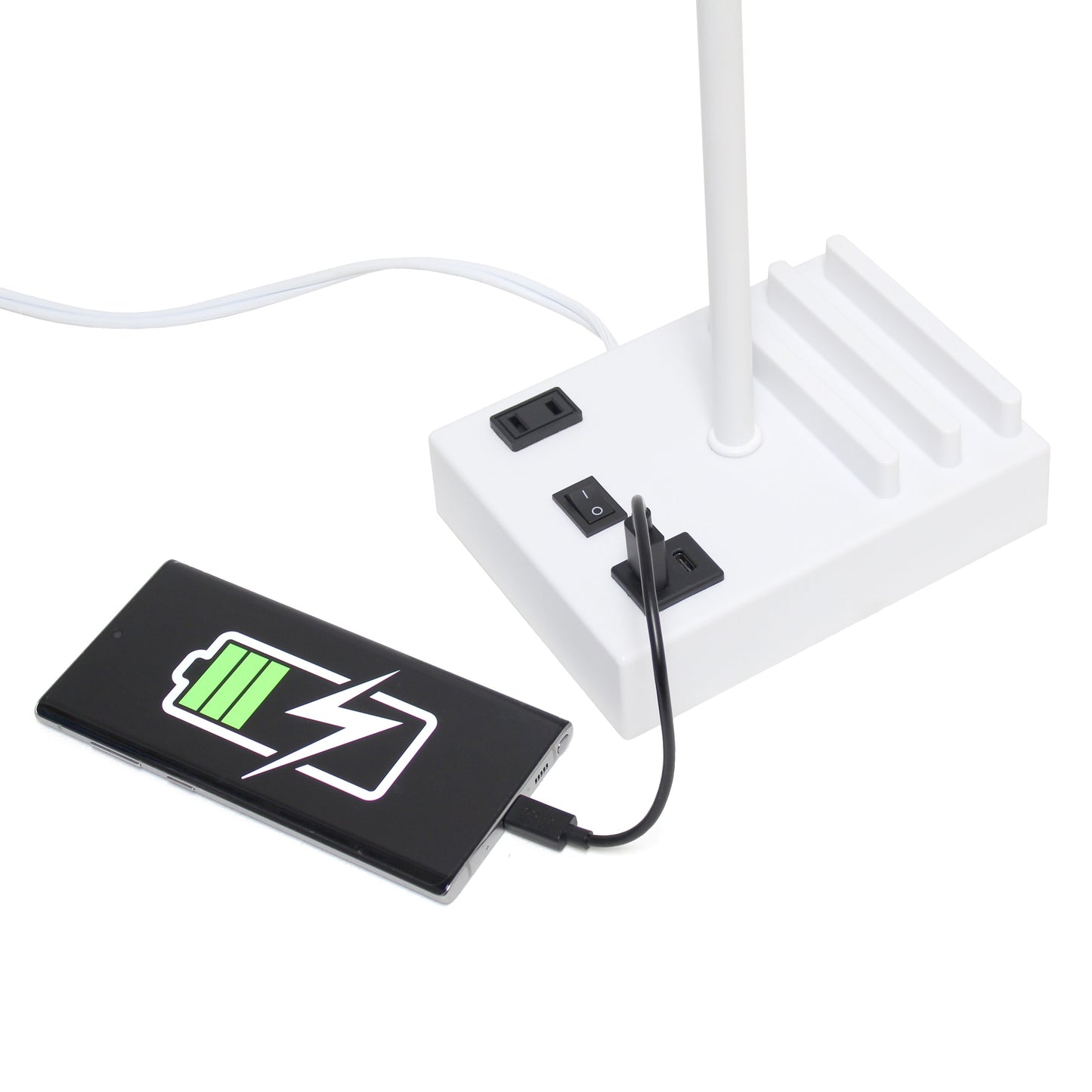 All The Rages Simple Designs White 15" Multi-Use Table Lamp With 2 USB Ports & Charging Outlet With Beige Fabric Shade