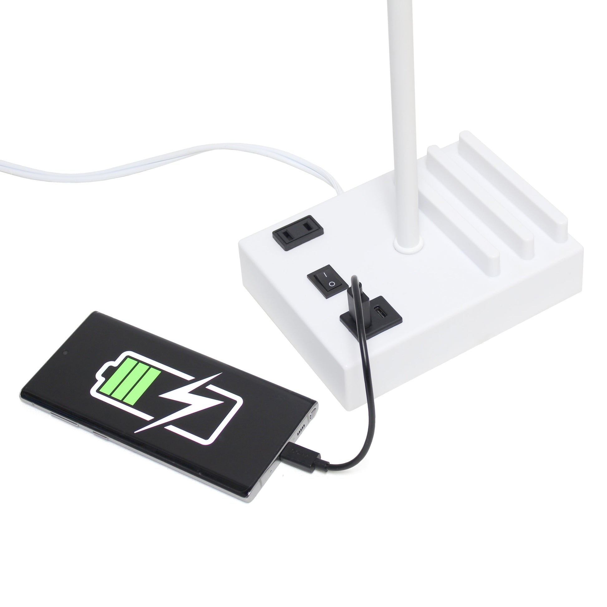 All The Rages Simple Designs White 15" Multi-Use Table Lamp With 2 USB Ports & Charging Outlet With Beige Fabric Shade