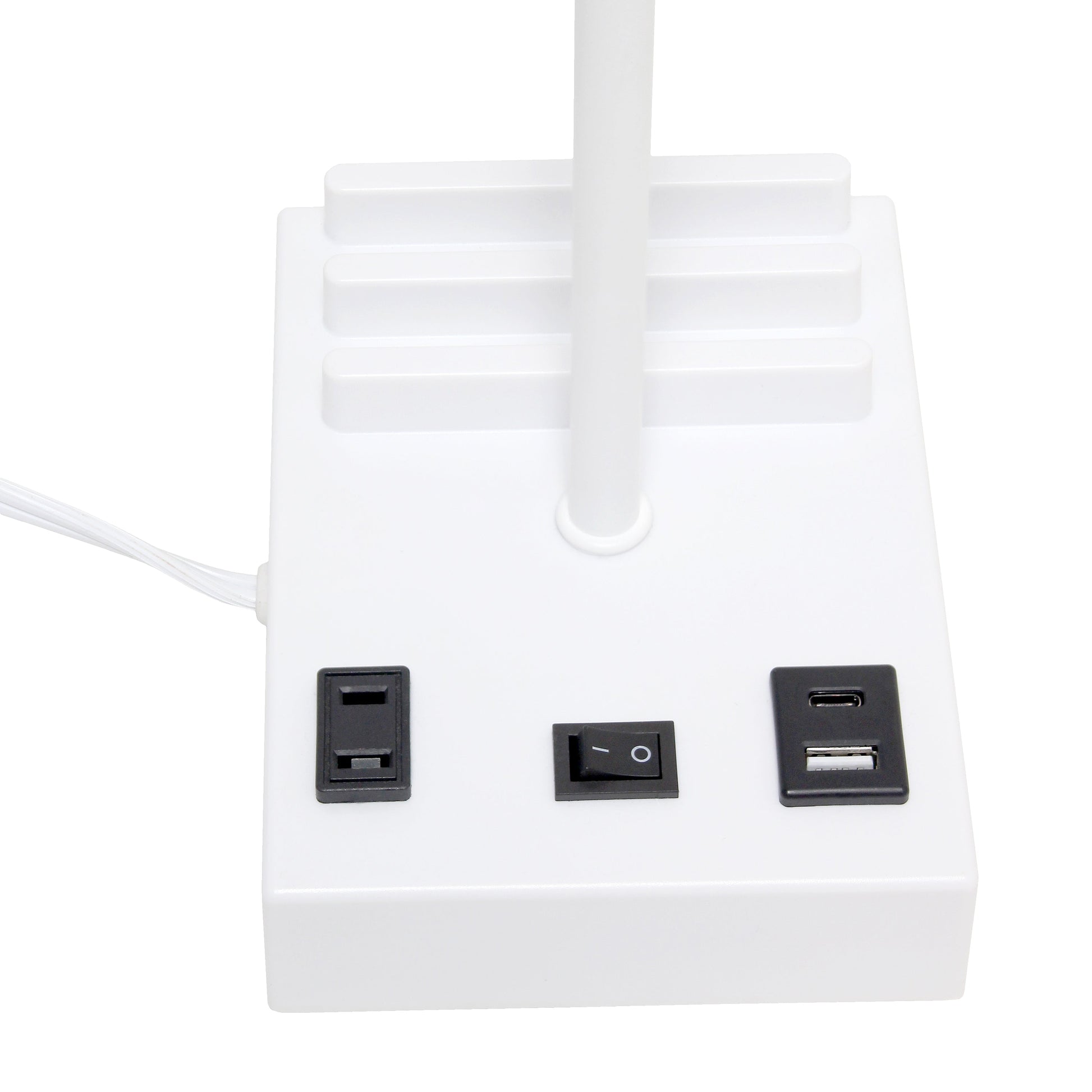 All The Rages Simple Designs White 15" Multi-Use Table Lamp With 2 USB Ports & Charging Outlet With Beige Fabric Shade