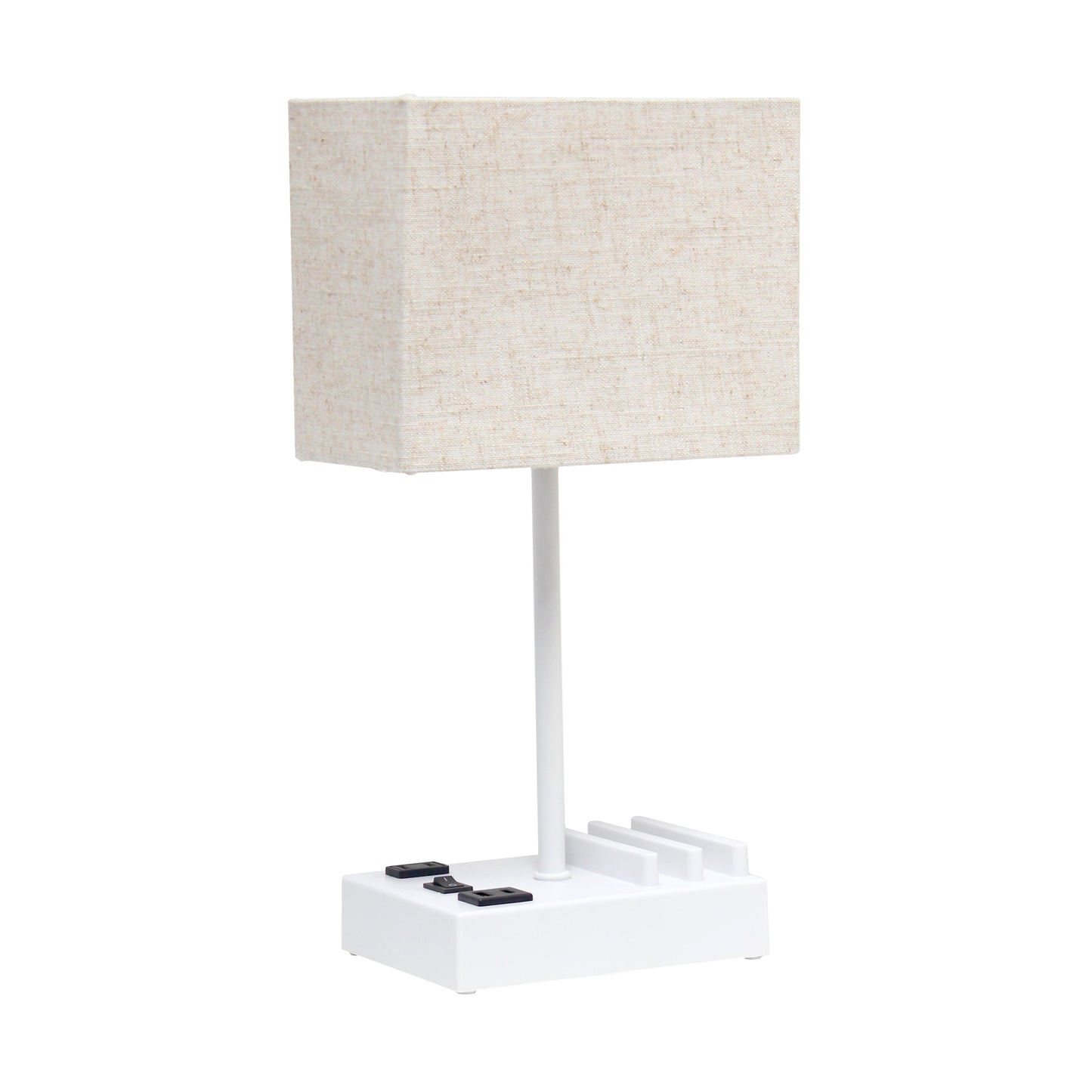 All The Rages Simple Designs White 15" Multi-Use Table Lamp With 2 USB Ports & Charging Outlet With Beige Fabric Shade