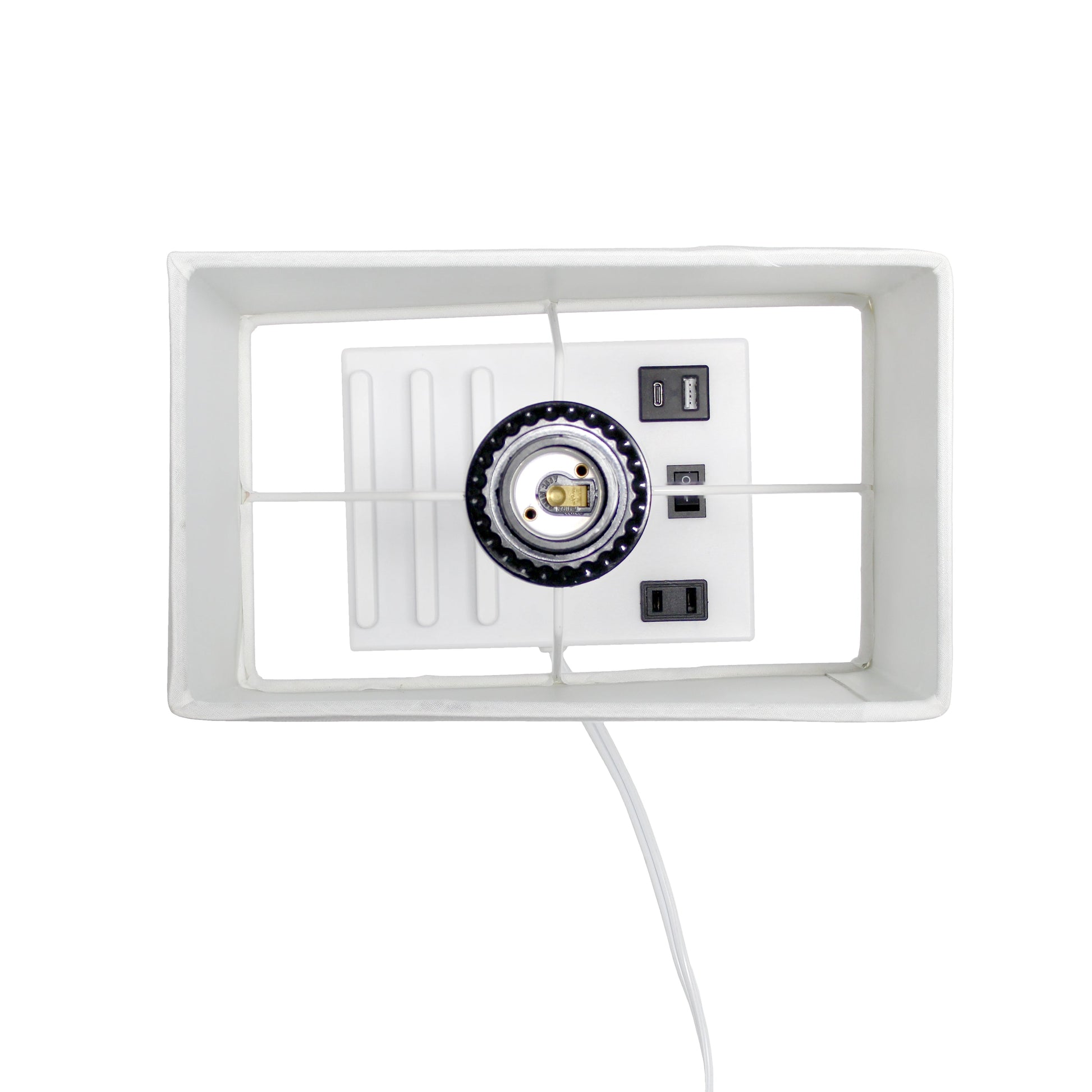 All The Rages Simple Designs White 15" Multi-Use Table Lamp With 2 USB Ports & Charging Outlet With White Fabric Shade