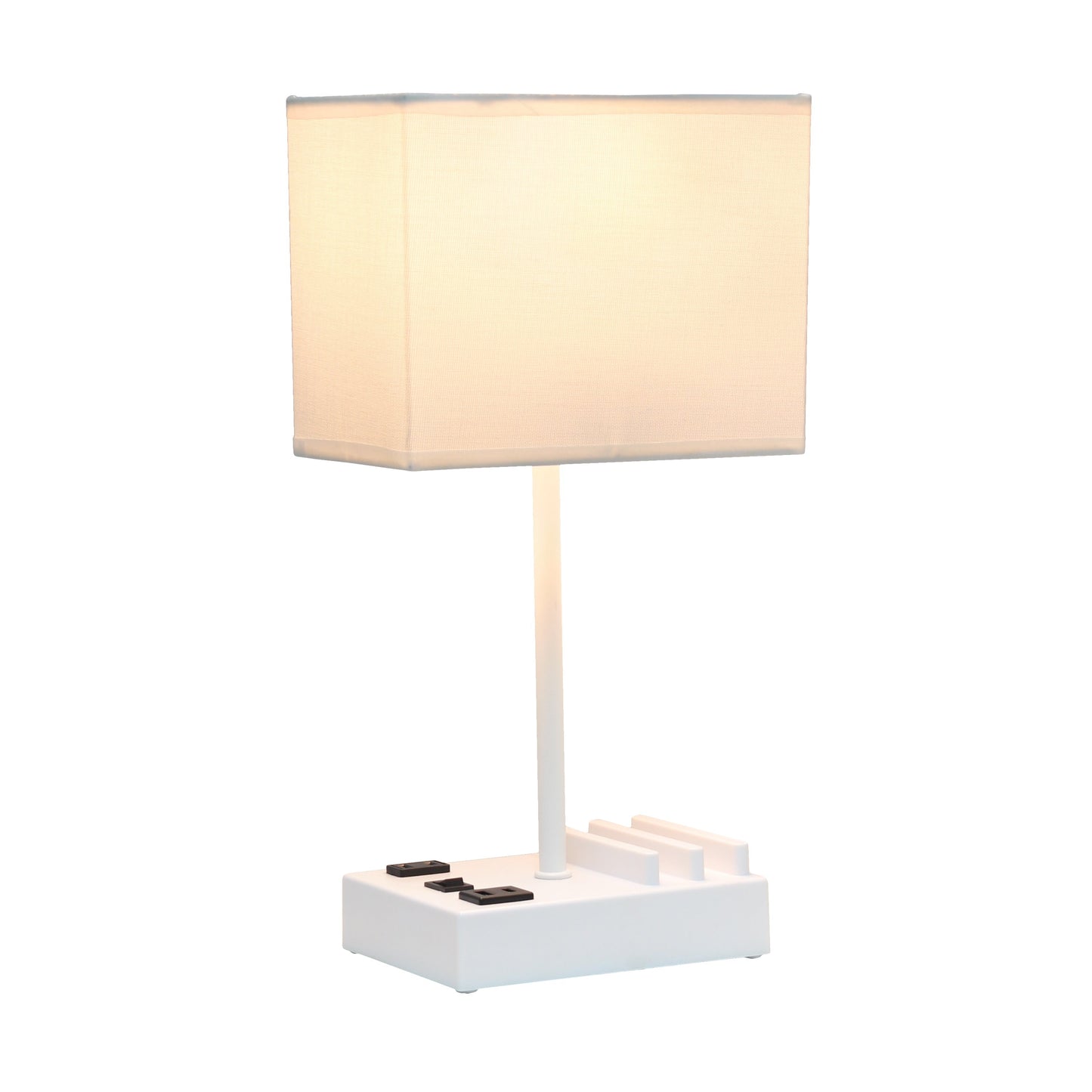 All The Rages Simple Designs White 15" Multi-Use Table Lamp With 2 USB Ports & Charging Outlet With White Fabric Shade