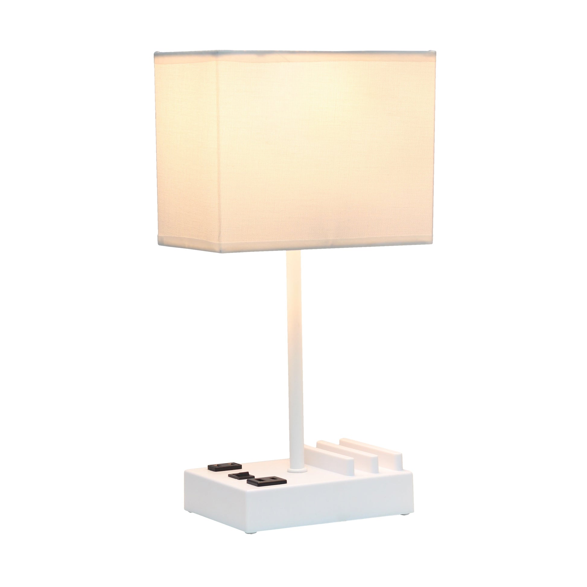 All The Rages Simple Designs White 15" Multi-Use Table Lamp With 2 USB Ports & Charging Outlet With White Fabric Shade