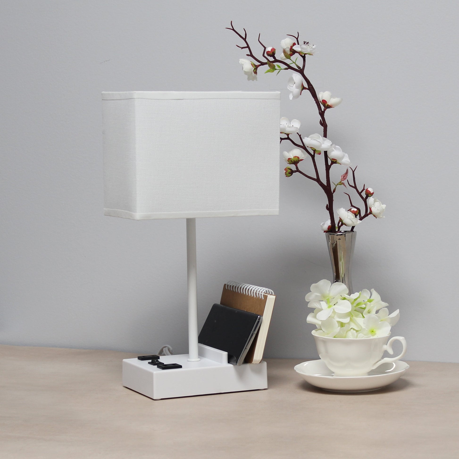 All The Rages Simple Designs White 15" Multi-Use Table Lamp With 2 USB Ports & Charging Outlet With White Fabric Shade